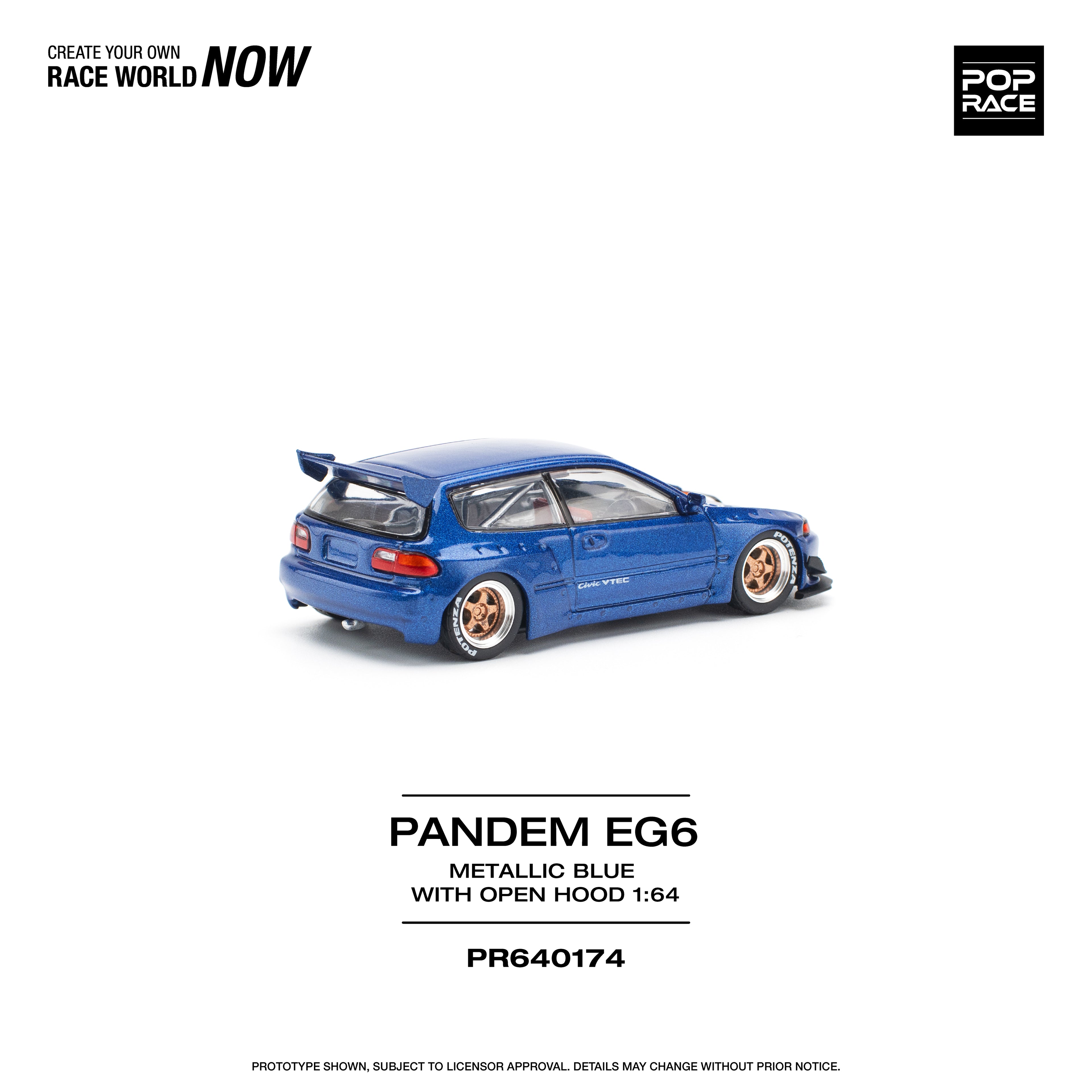 Pop Race 1/64 PANDEM EG6 Metallic Blue with Open Hood PR640174 Diecast Scale Model