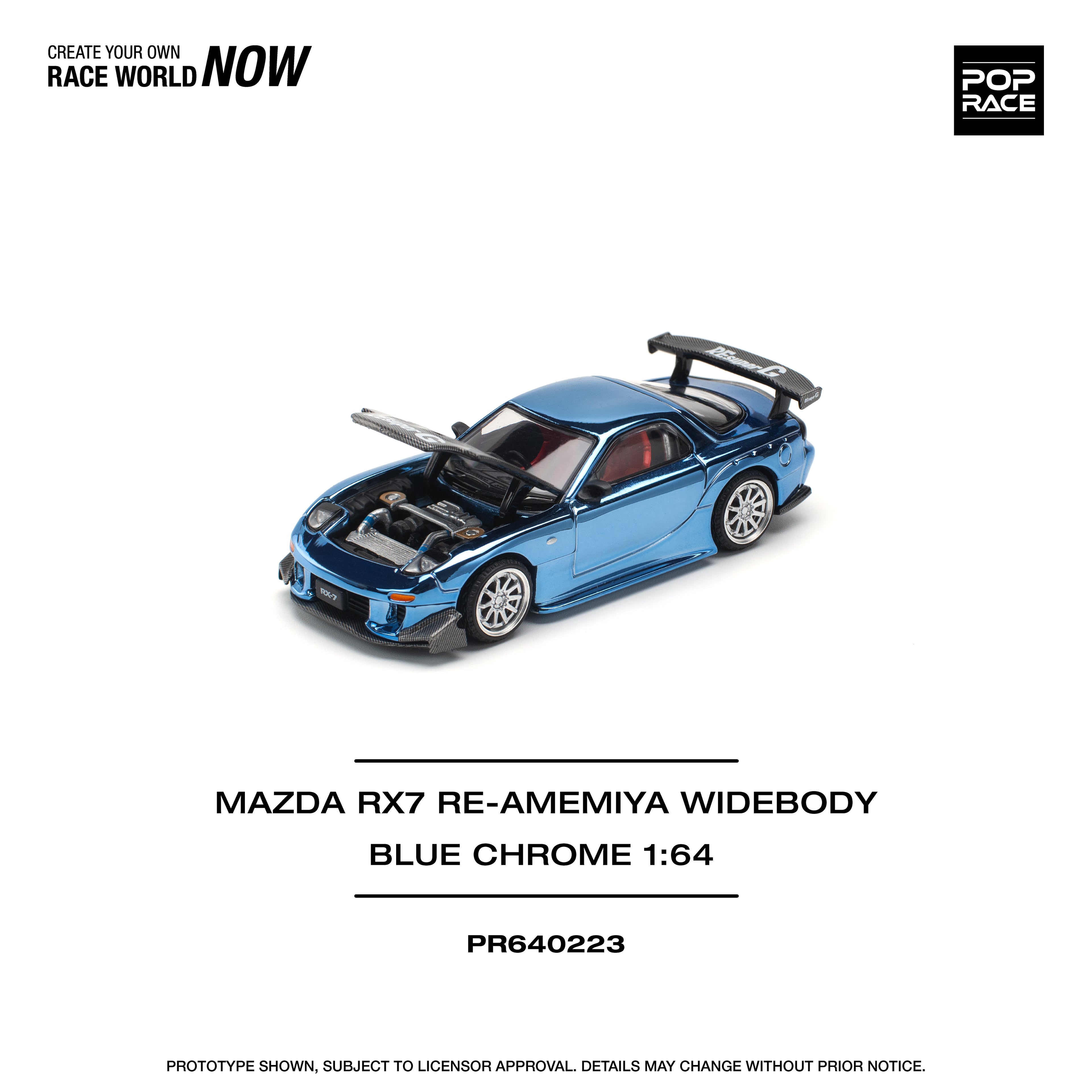 Pop Race 1/64 Mazda RX7 Re-Amemiya Widebody Blue Chrome PR640223 Diecast Scale Model