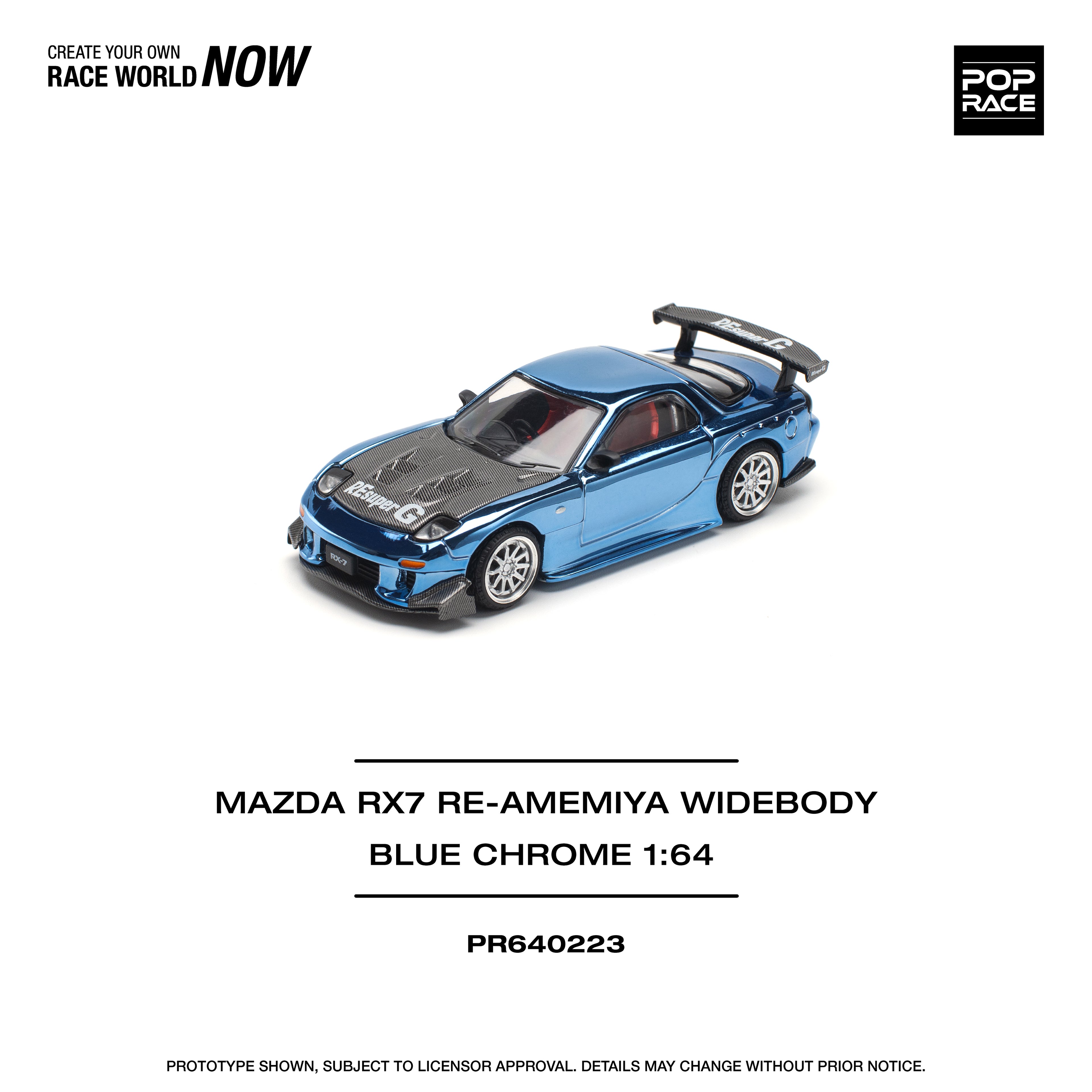 Pop Race 1/64 Mazda RX7 Re-Amemiya Widebody Blue Chrome PR640223 Diecast Scale Model
