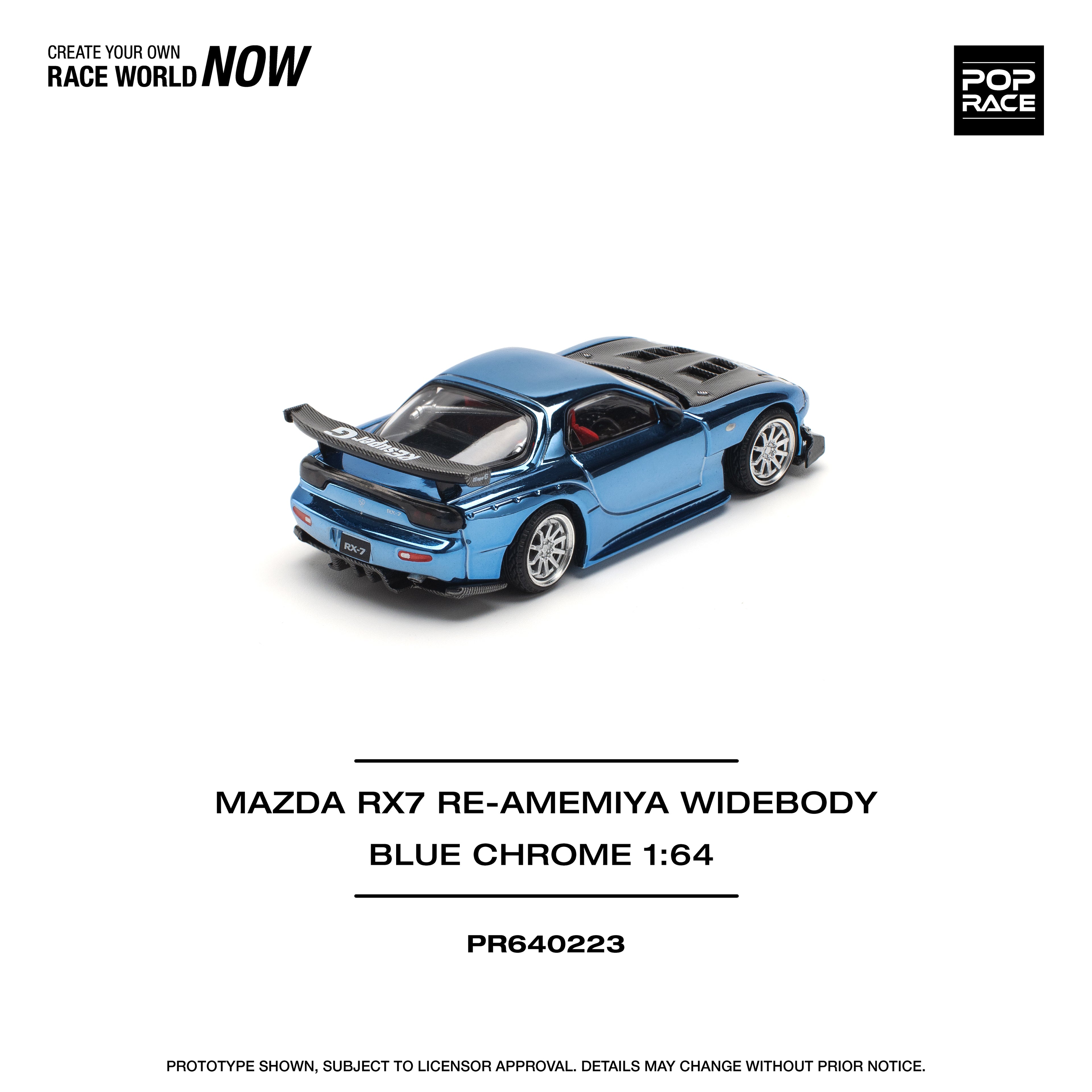 Pop Race 1/64 Mazda RX7 Re-Amemiya Widebody Blue Chrome PR640223 Diecast Scale Model