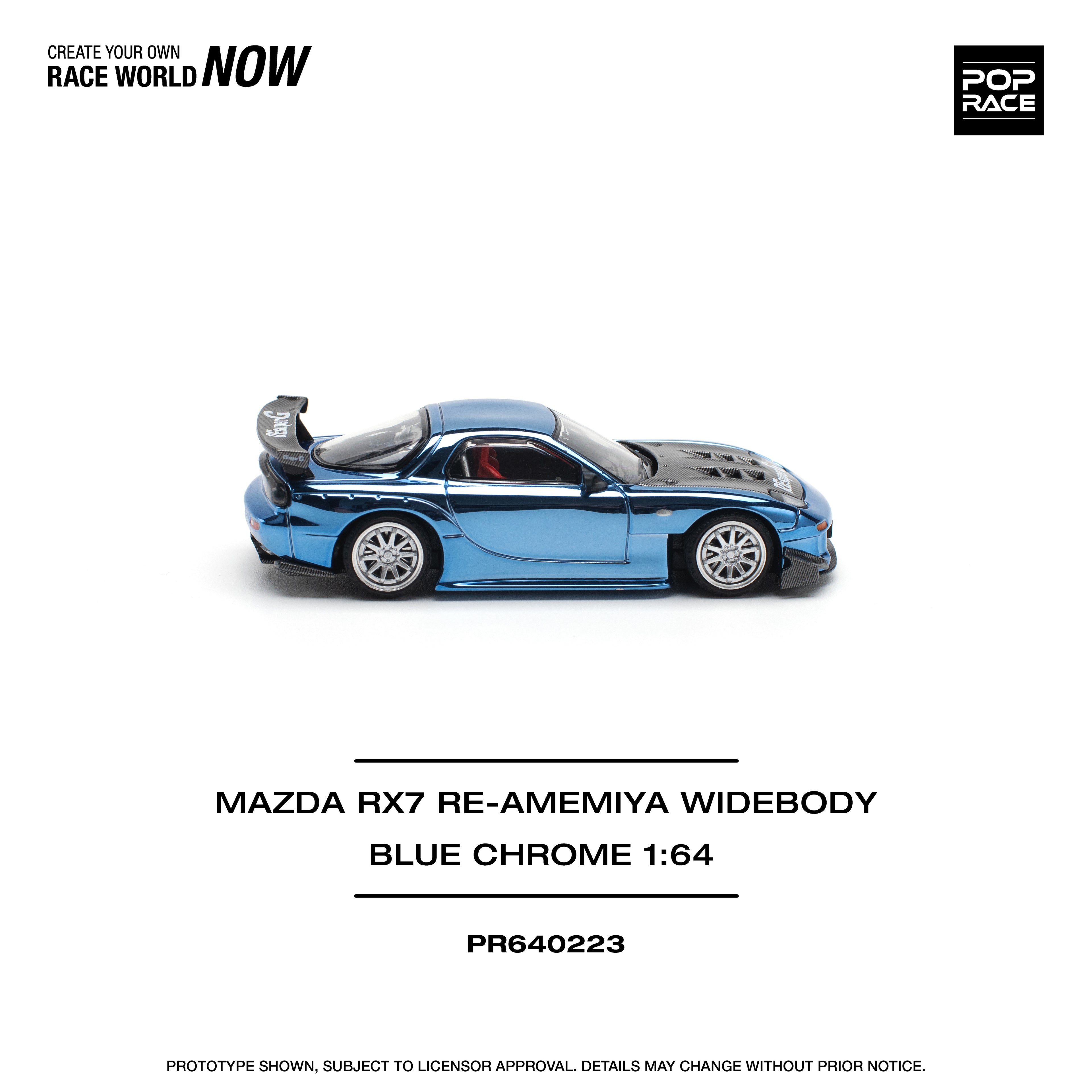Pop Race 1/64 Mazda RX7 Re-Amemiya Widebody Blue Chrome PR640223 Diecast Scale Model