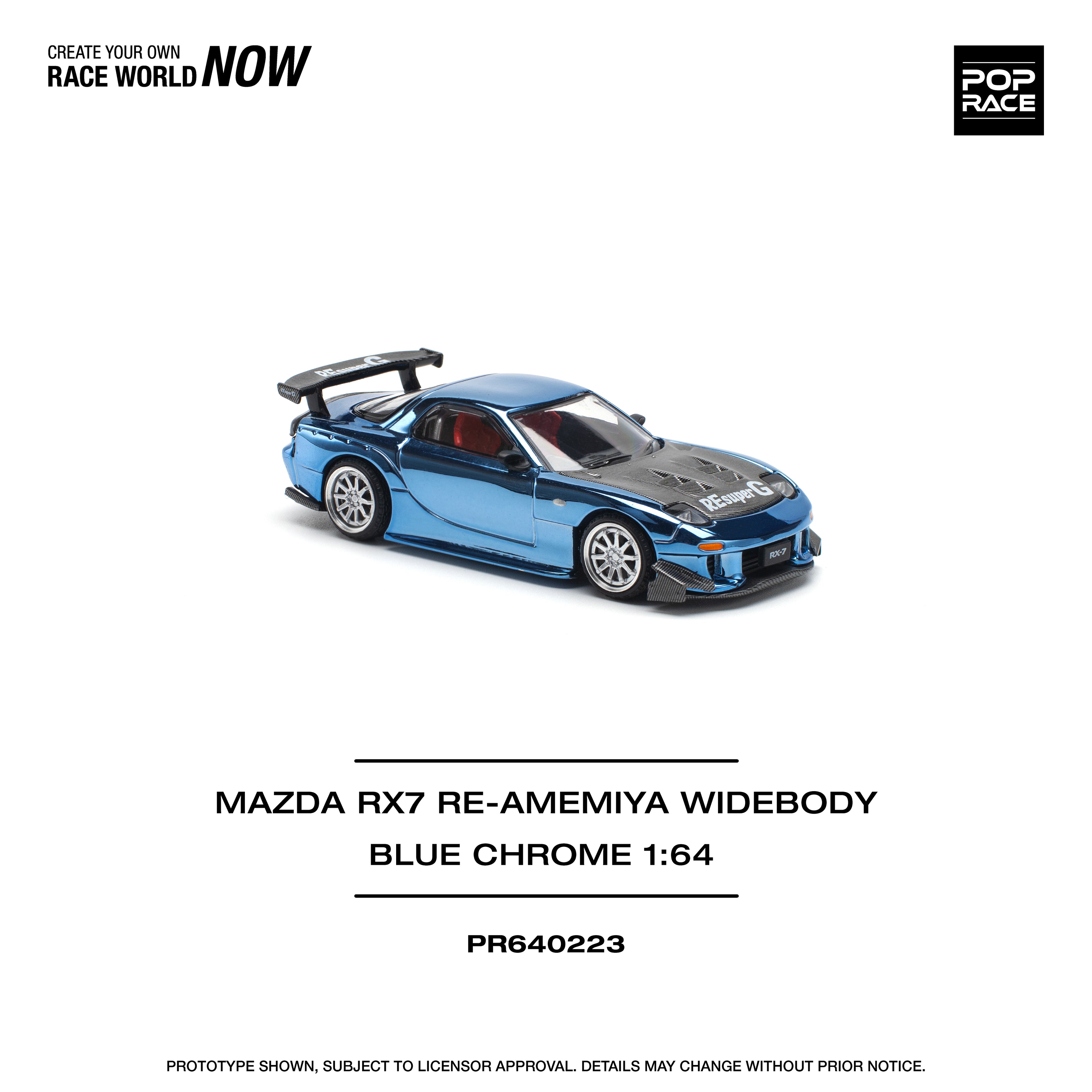 Pop Race 1/64 Mazda RX7 Re-Amemiya Widebody Blue Chrome PR640223 Diecast Scale Model