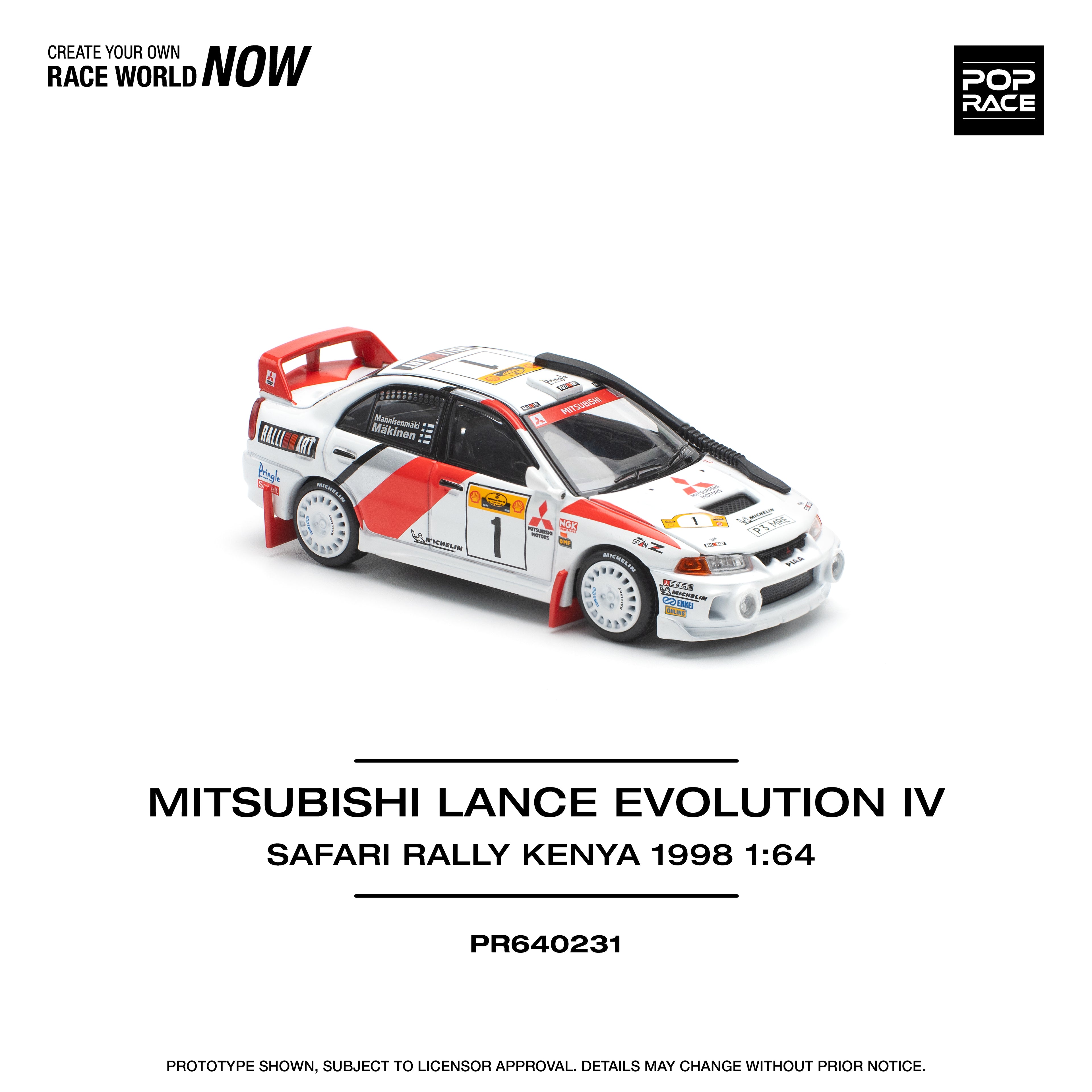 Pop Race 1/64 Mitsubishi Lance Evolution IV Safari Rally Kenya 1998 PR640231 Diecast Scale Model