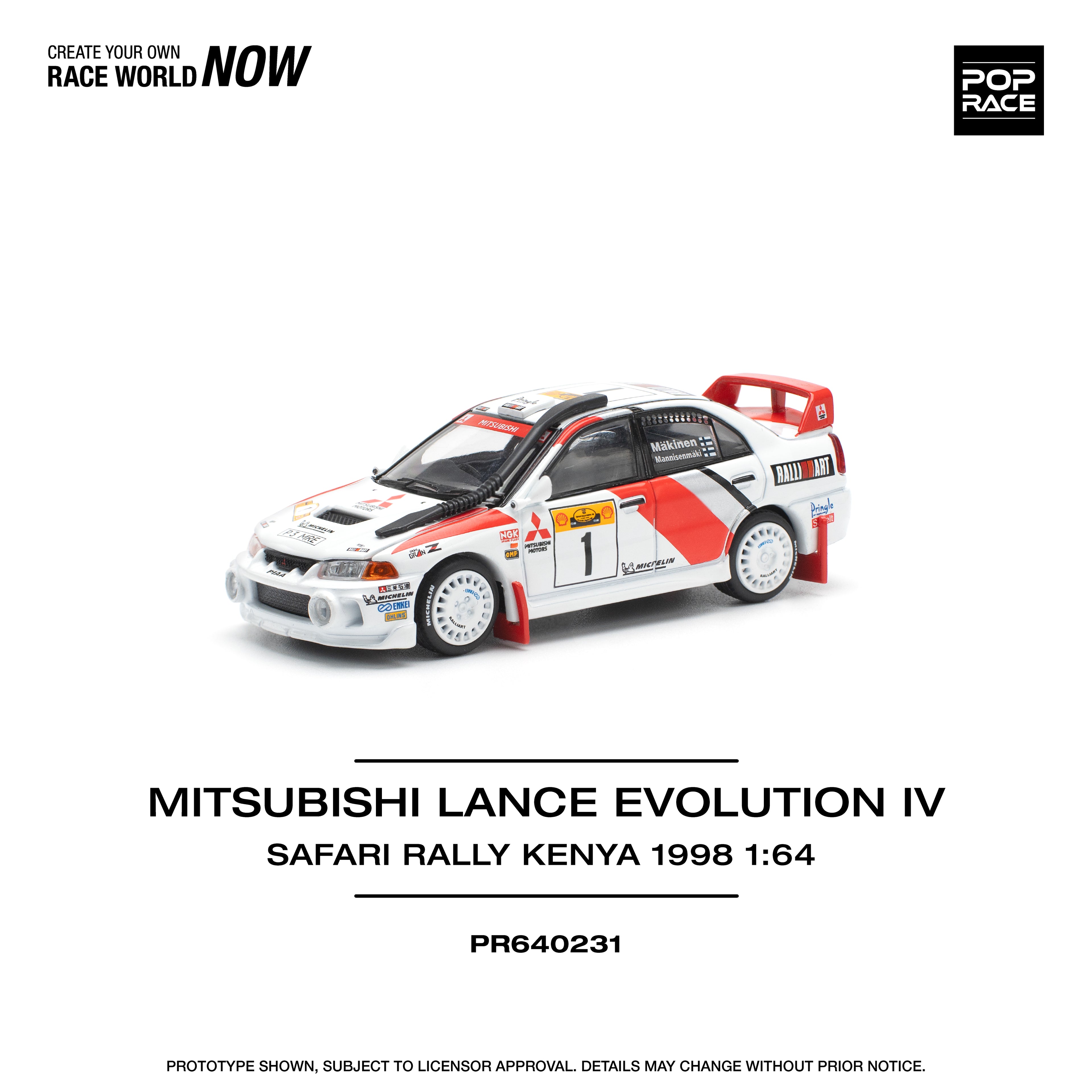 Pop Race 1/64 Mitsubishi Lance Evolution IV Safari Rally Kenya 1998 PR640231 Diecast Scale Model