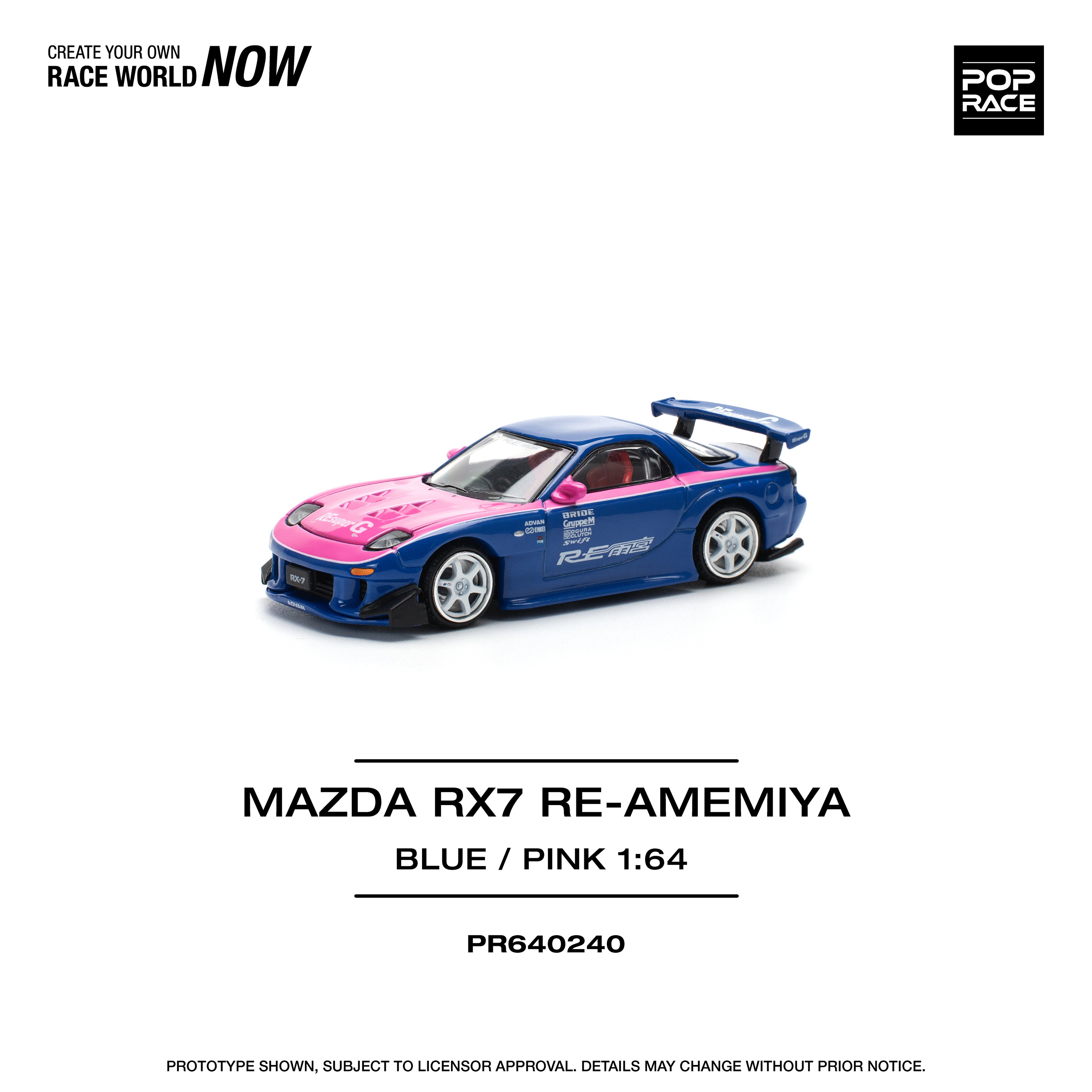Pop Race 1/64 Mazda RX7 Re Amemiya Blue/Pink PR640240 Diecast Scale Model