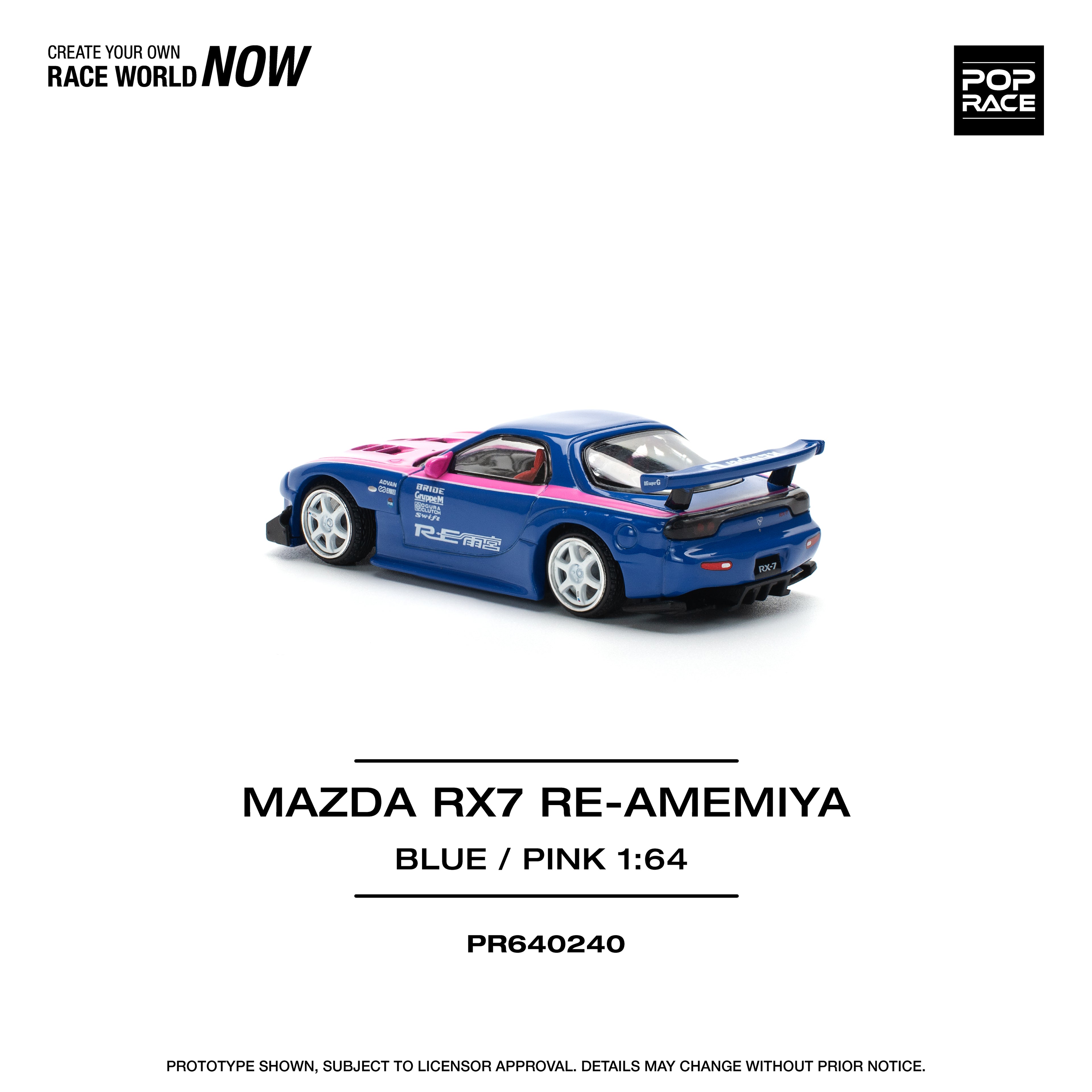 Pop Race 1/64 Mazda RX7 Re Amemiya Blue/Pink PR640240 Diecast Scale Model