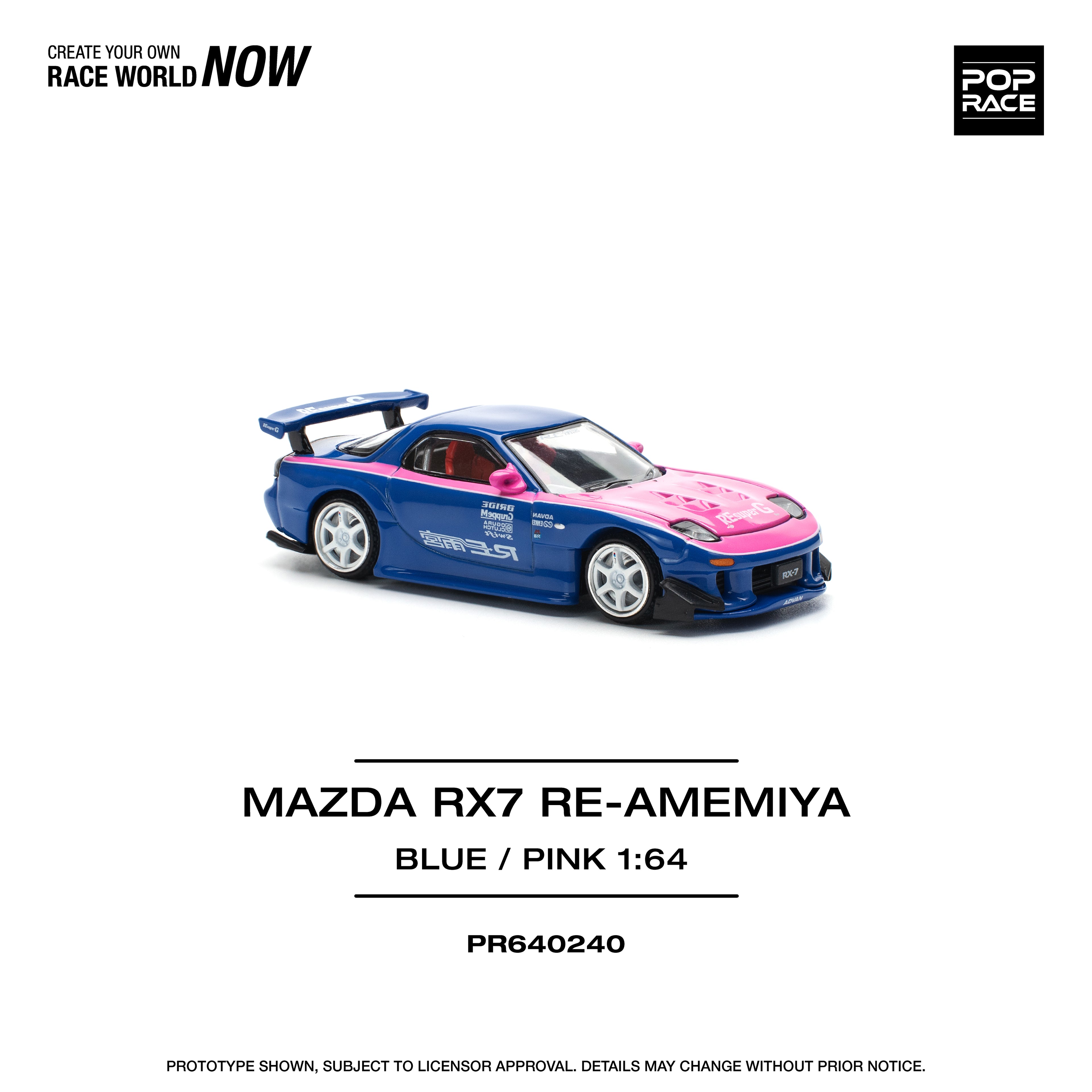 Pop Race 1/64 Mazda RX7 Re Amemiya Blue/Pink PR640240 Diecast Scale Model