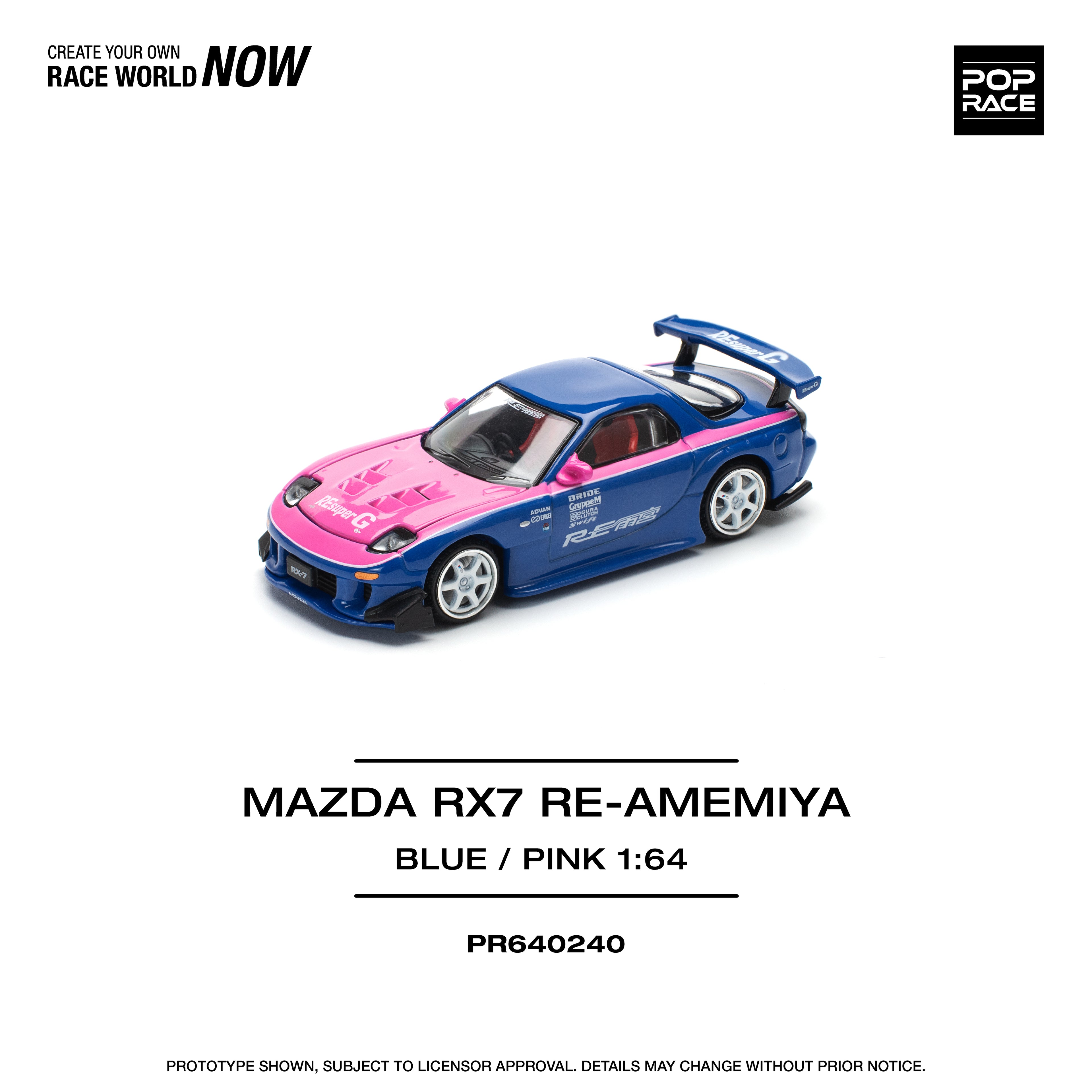 Pop Race 1/64 Mazda RX7 Re Amemiya Blue/Pink PR640240 Diecast Scale Model