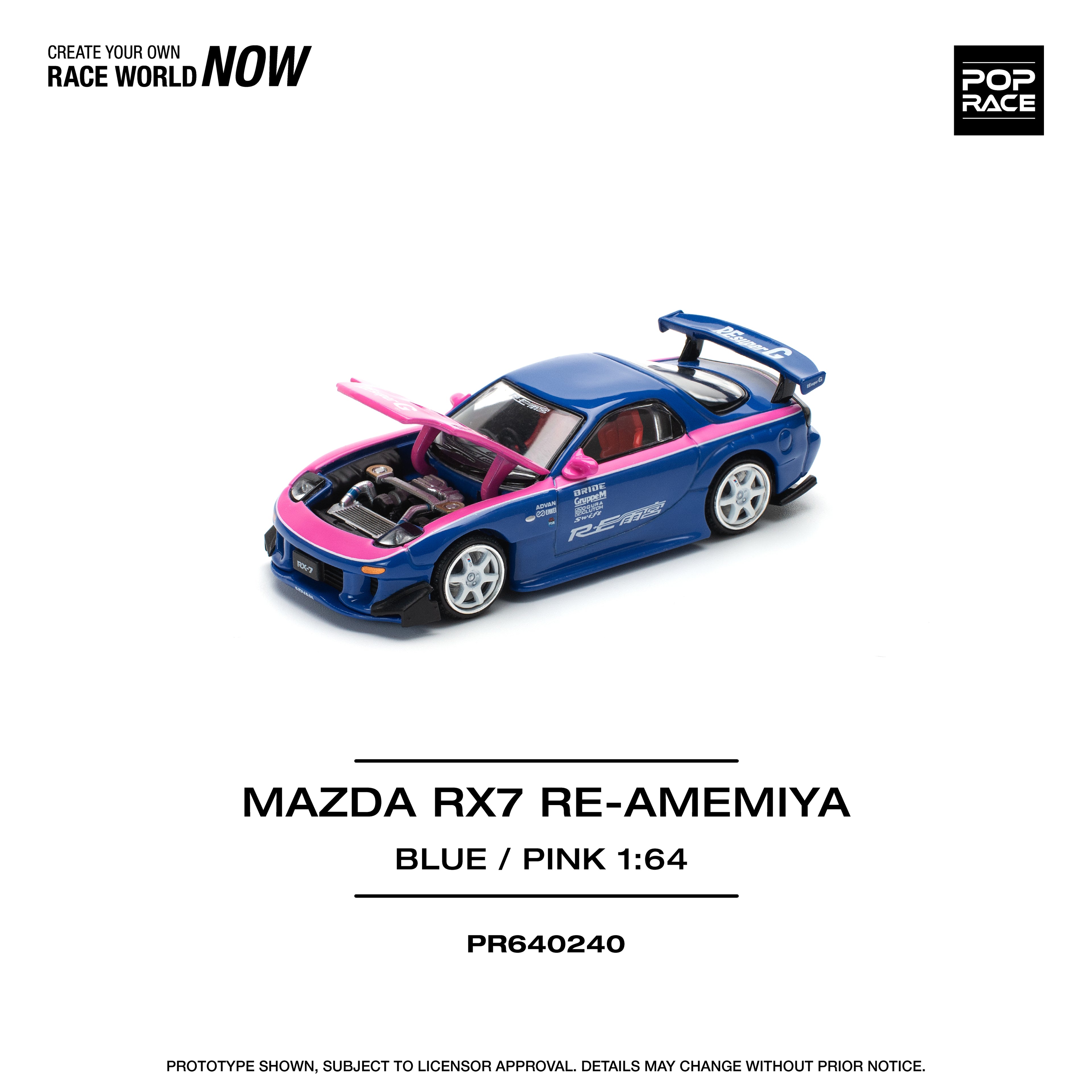 Pop Race 1/64 Mazda RX7 Re Amemiya Blue/Pink PR640240 Diecast Scale Model