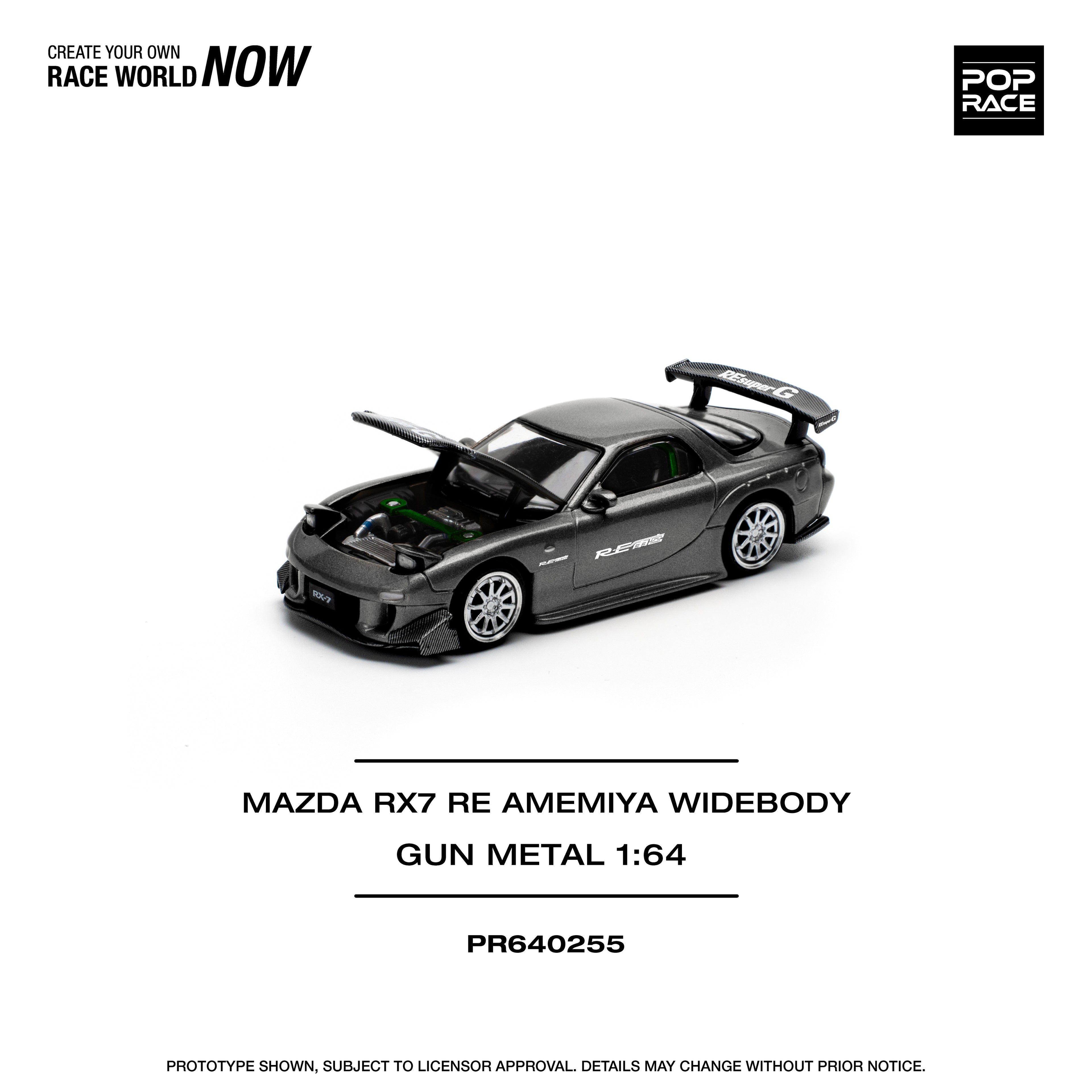 Pop Race 1/64 Mazda RX7 Re Amemiya Widebody Gun Metal PR640255 Diecast Scale Model