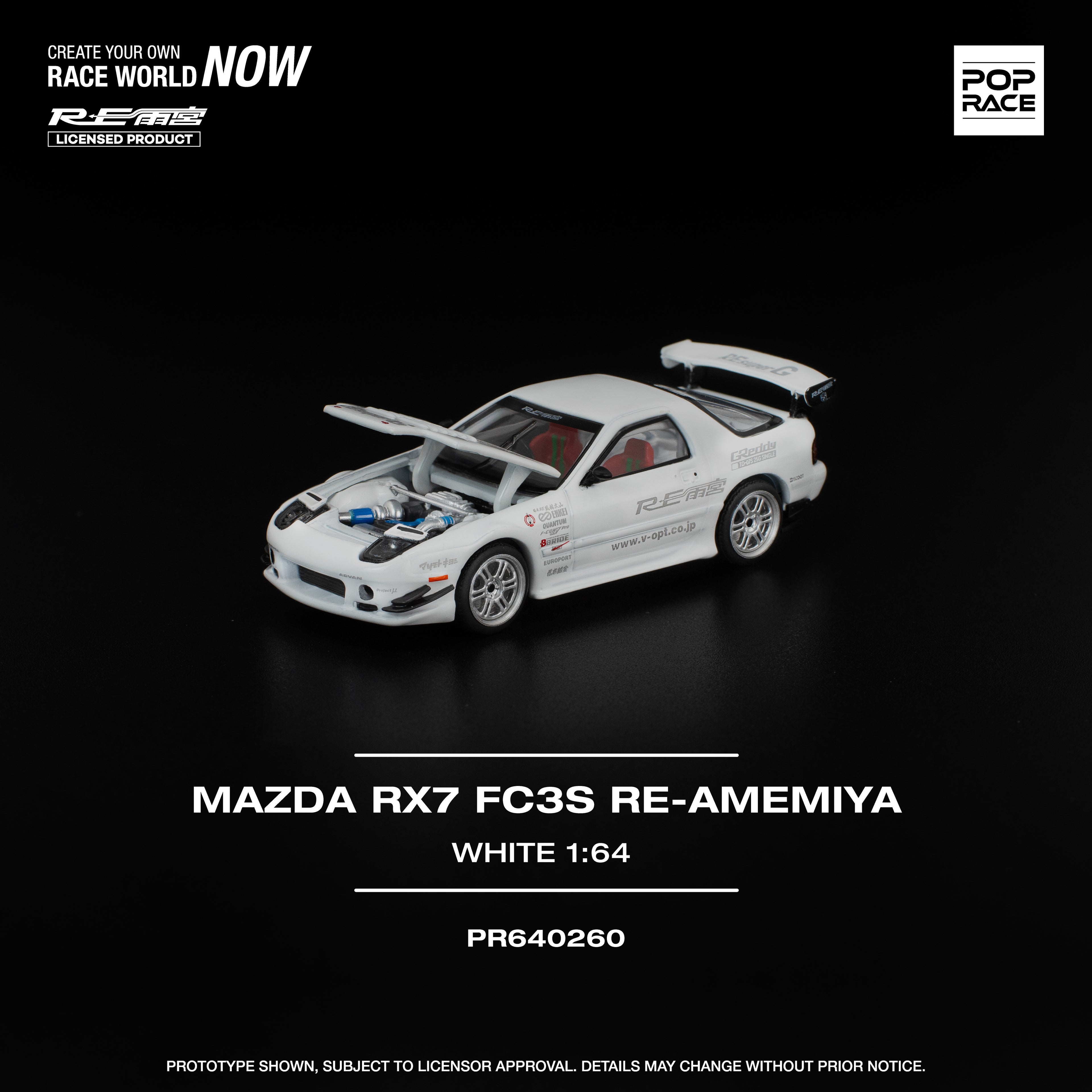 Pop Race 1/64 Mazda RX-7 FC3S RE-Amemiya White PR640260 Diecast Scale Model