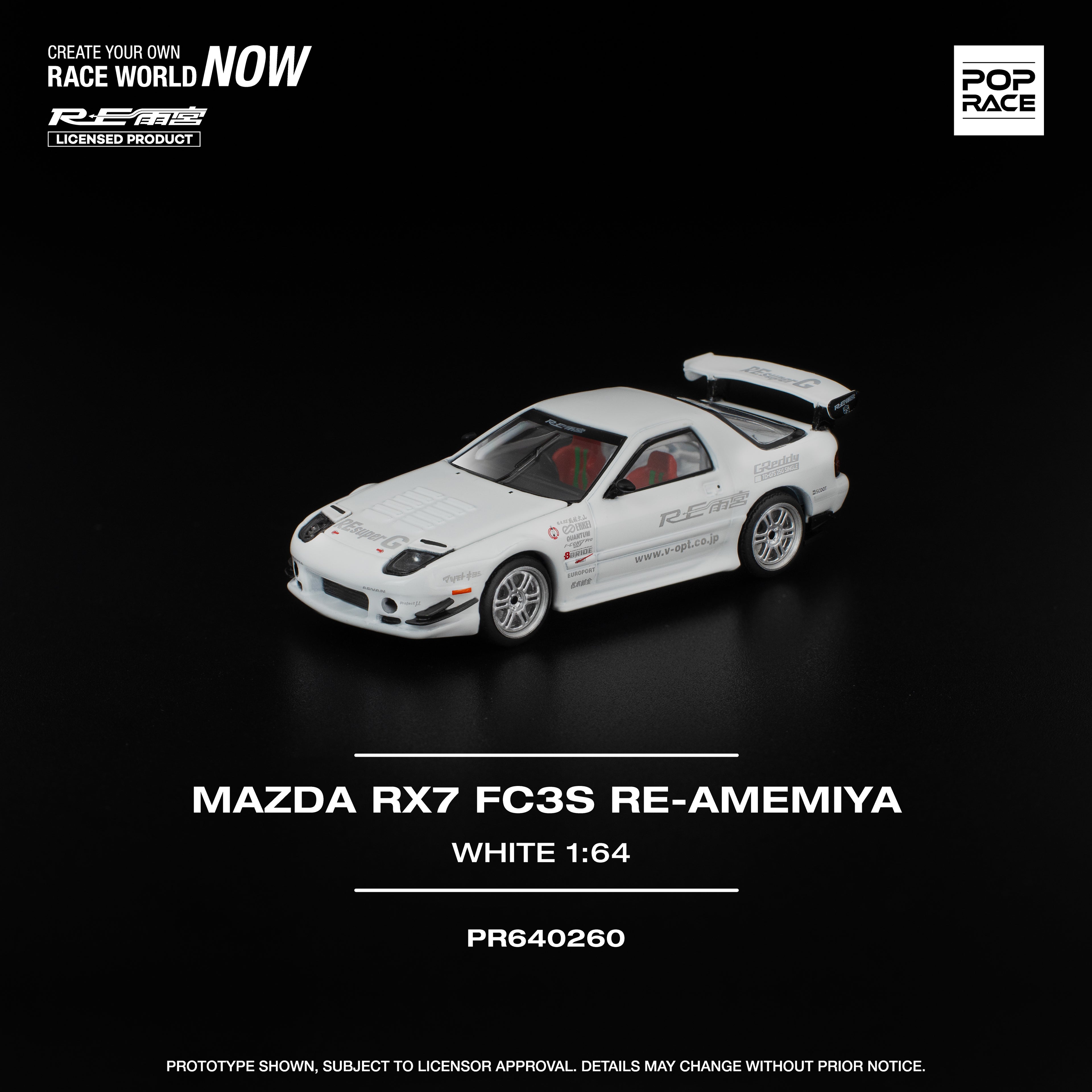 Pop Race 1/64 Mazda RX-7 FC3S RE-Amemiya White PR640260 Diecast Scale Model
