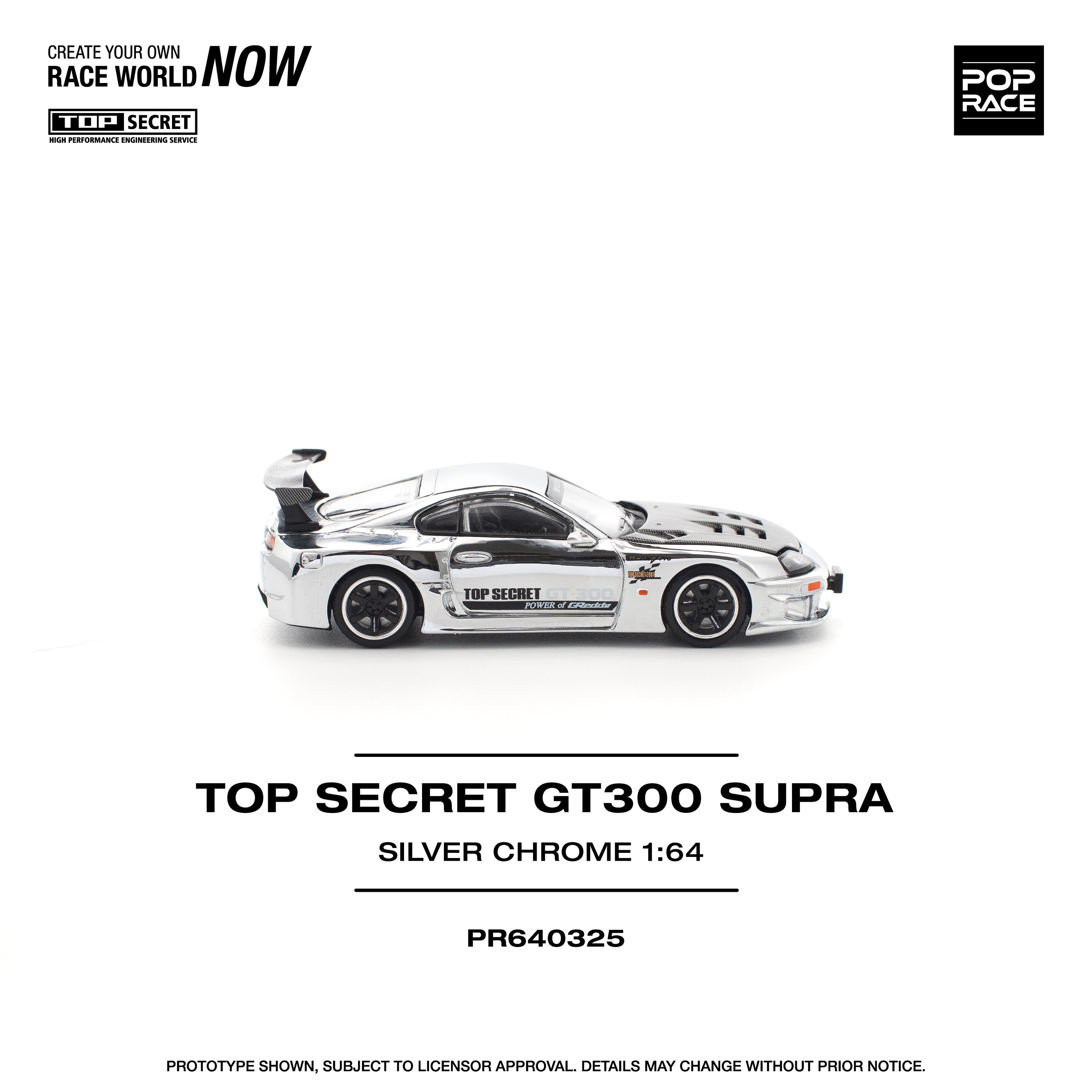 Pop Race 1/64 Top Secret GT300 Supra Silver Chrome PR640325 Diecast Scale Model