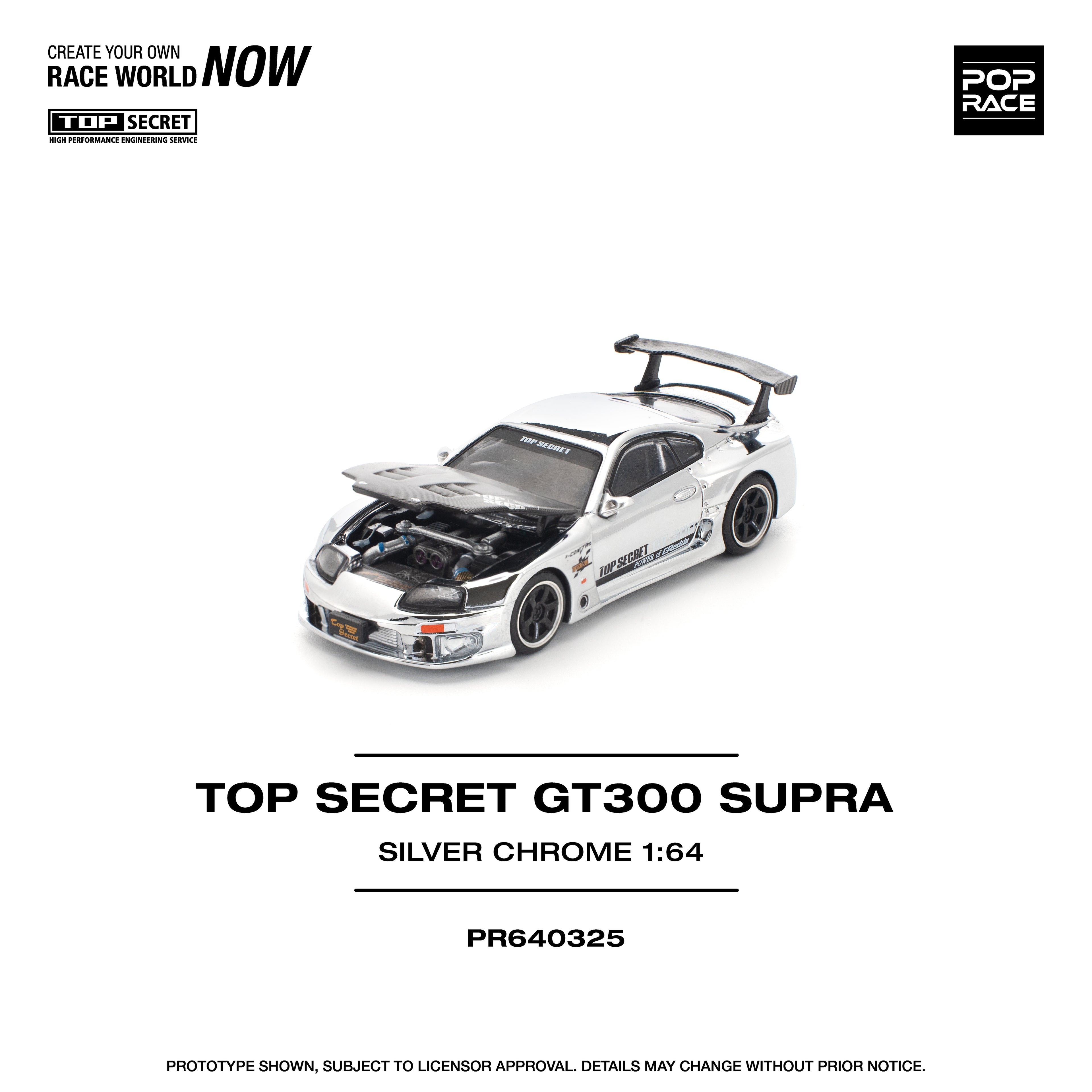 Pop Race 1/64 Top Secret GT300 Supra Silver Chrome PR640325 Diecast Scale Model