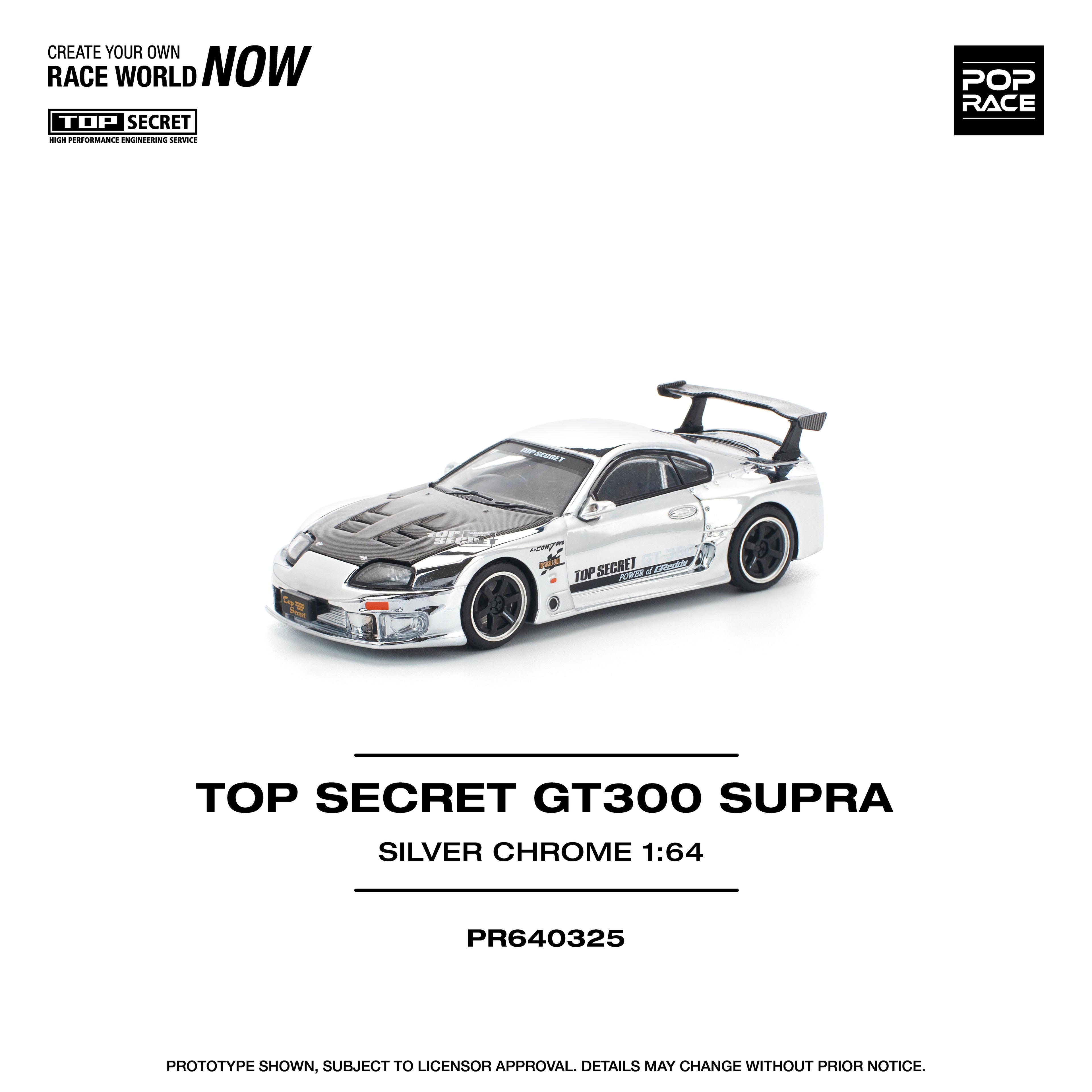 Pop Race 1/64 Top Secret GT300 Supra Silver Chrome PR640325 Diecast Scale Model