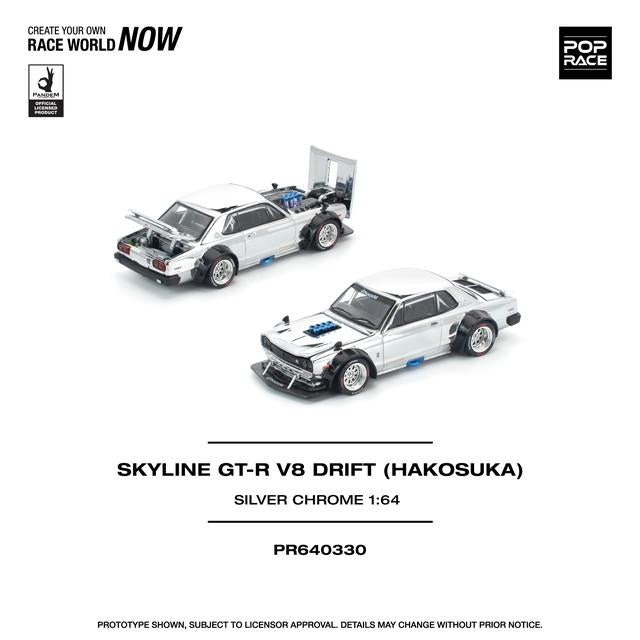 Pop Race 1/64 Nissan Skyline GTR V8 Drift (HAKOSUKA) Silver Chrome PR640330 Diecast Scale Model