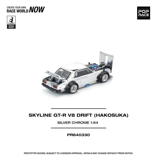 Pop Race 1/64 Nissan Skyline GTR V8 Drift (HAKOSUKA) Silver Chrome PR640330 Diecast Scale Model