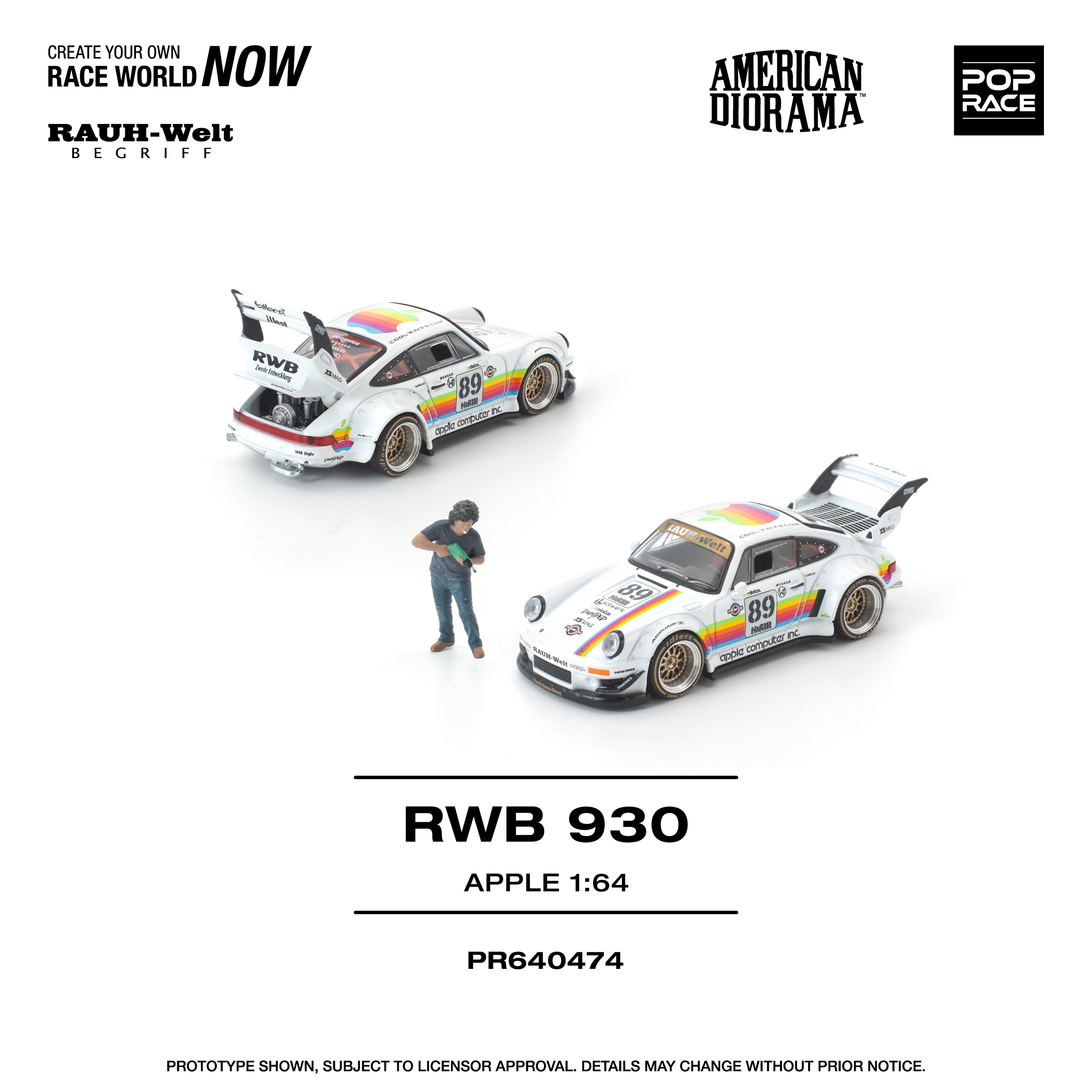 [PRE ORDER] Pop Race 1/64 RWB 930 Apple (With Figure) AMERICAN DIORAMA PR640474 Diecast Scale Model