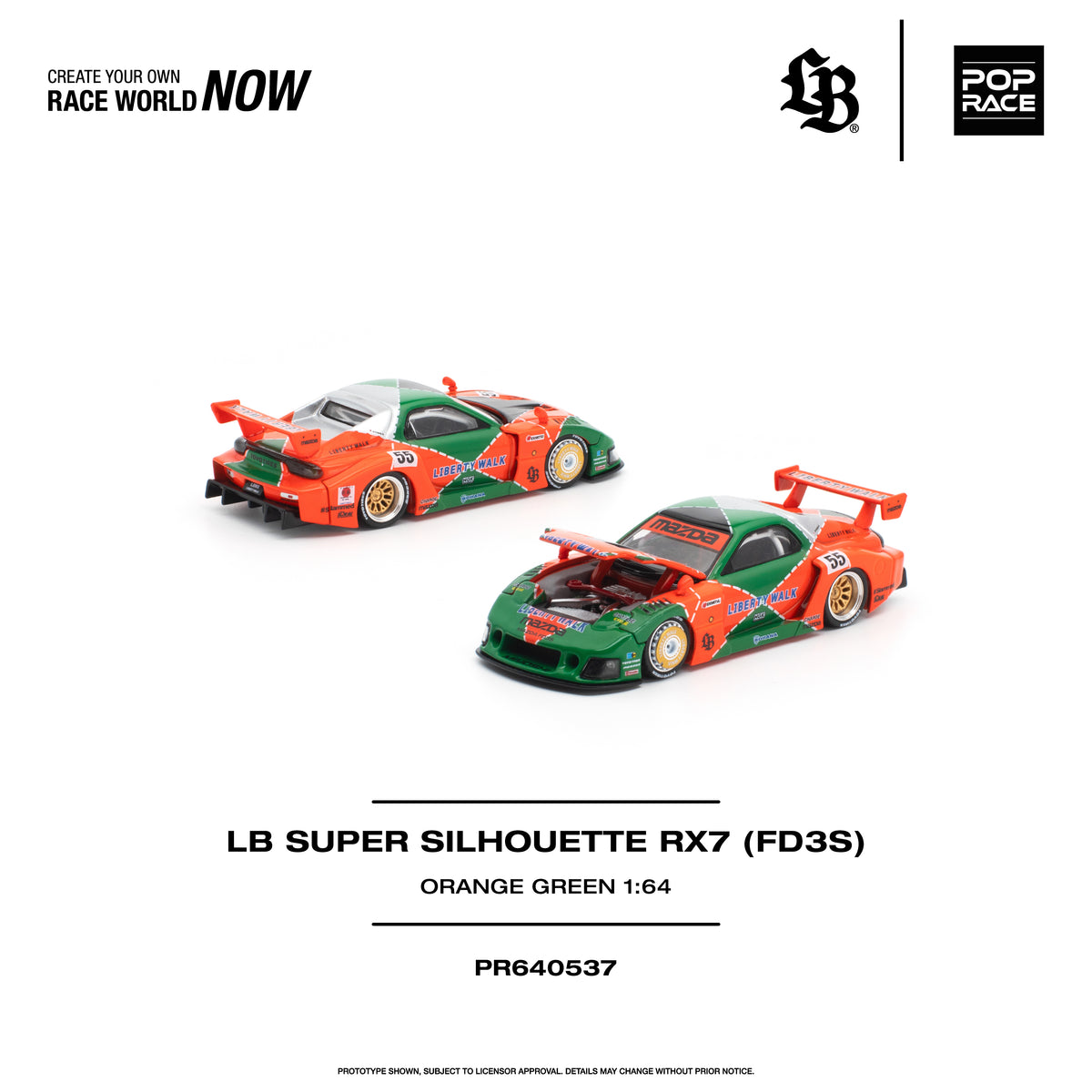 [PRE ORDER] Pop Race 1/64 LB Super Silhouette RX7 (FD3S) Orange Green PR640537 Diecast Scale Model