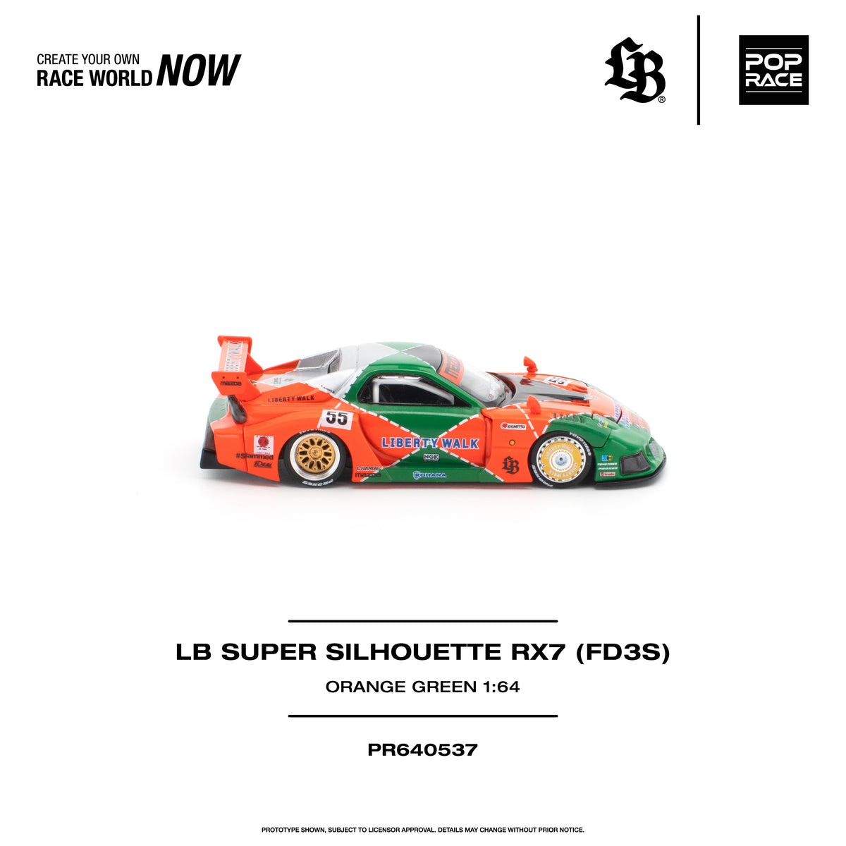 [PRE ORDER] Pop Race 1/64 LB Super Silhouette RX7 (FD3S) Orange Green PR640537 Diecast Scale Model
