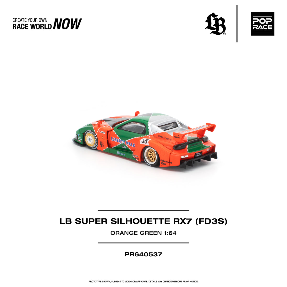 [PRE ORDER] Pop Race 1/64 LB Super Silhouette RX7 (FD3S) Orange Green PR640537 Diecast Scale Model