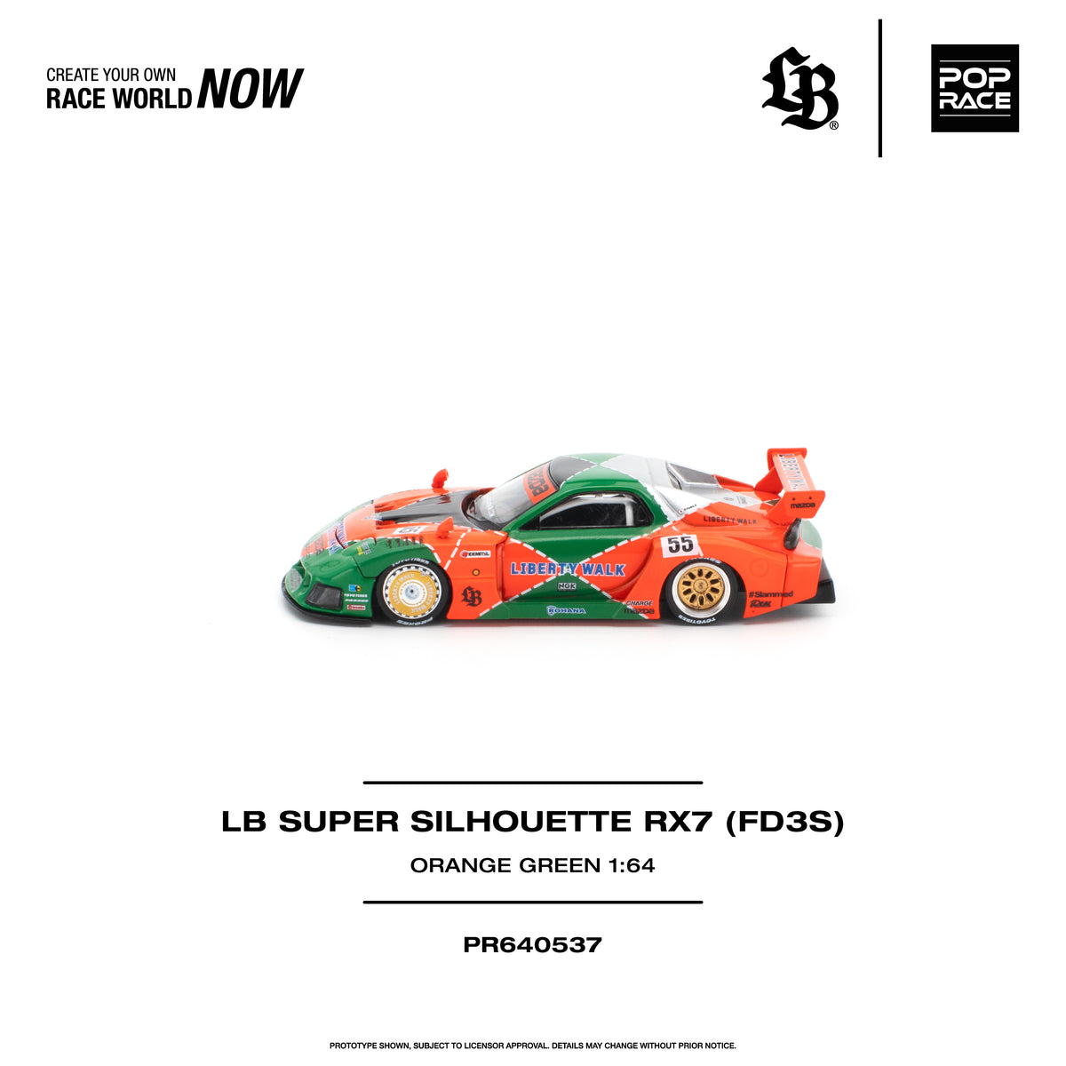 [PRE ORDER] Pop Race 1/64 LB Super Silhouette RX7 (FD3S) Orange Green PR640537 Diecast Scale Model
