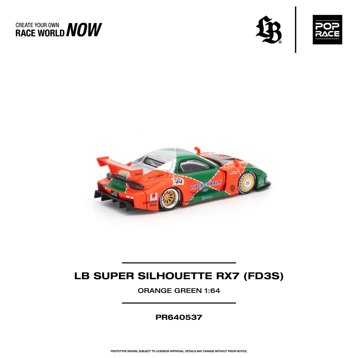 [PRE ORDER] Pop Race 1/64 LB Super Silhouette RX7 (FD3S) Orange Green PR640537 Diecast Scale Model