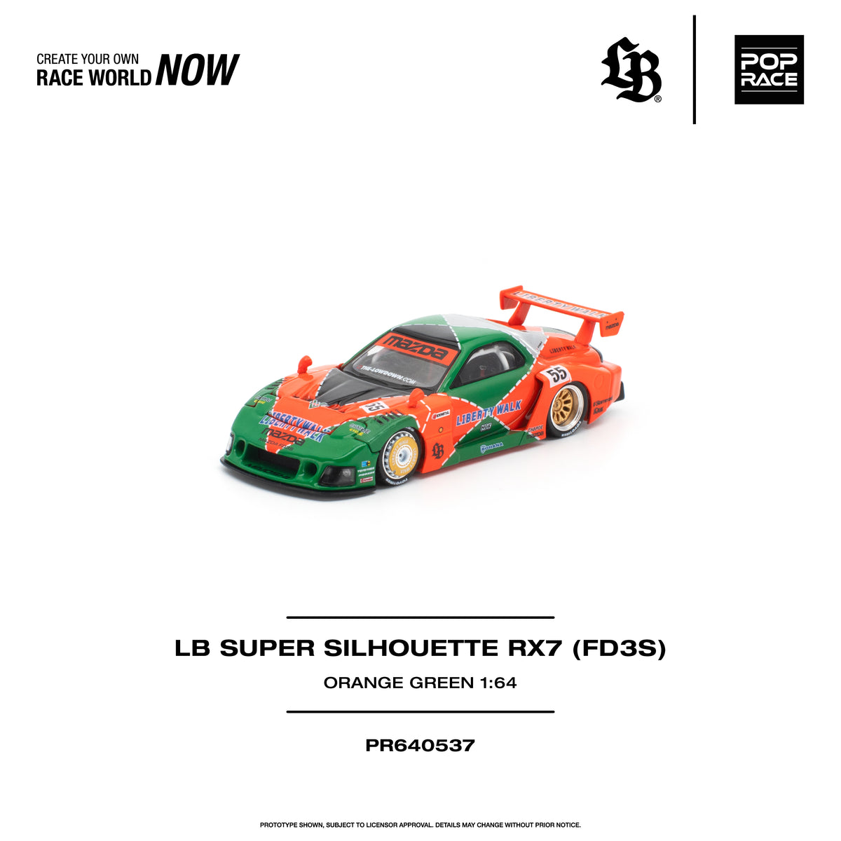 [PRE ORDER] Pop Race 1/64 LB Super Silhouette RX7 (FD3S) Orange Green PR640537 Diecast Scale Model