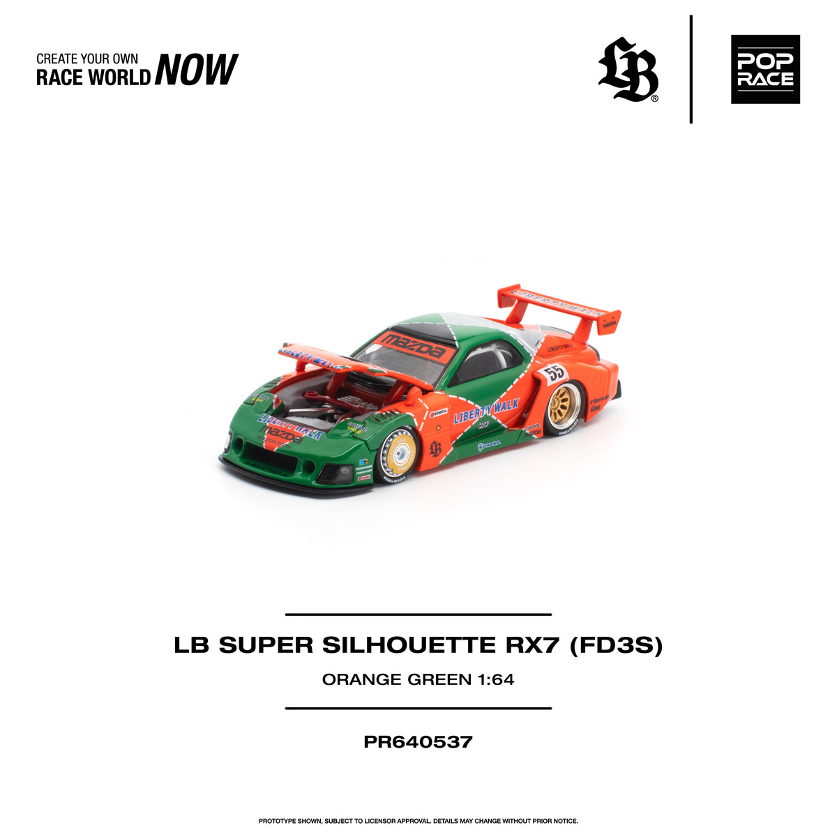 [PRE ORDER] Pop Race 1/64 LB Super Silhouette RX7 (FD3S) Orange Green PR640537 Diecast Scale Model