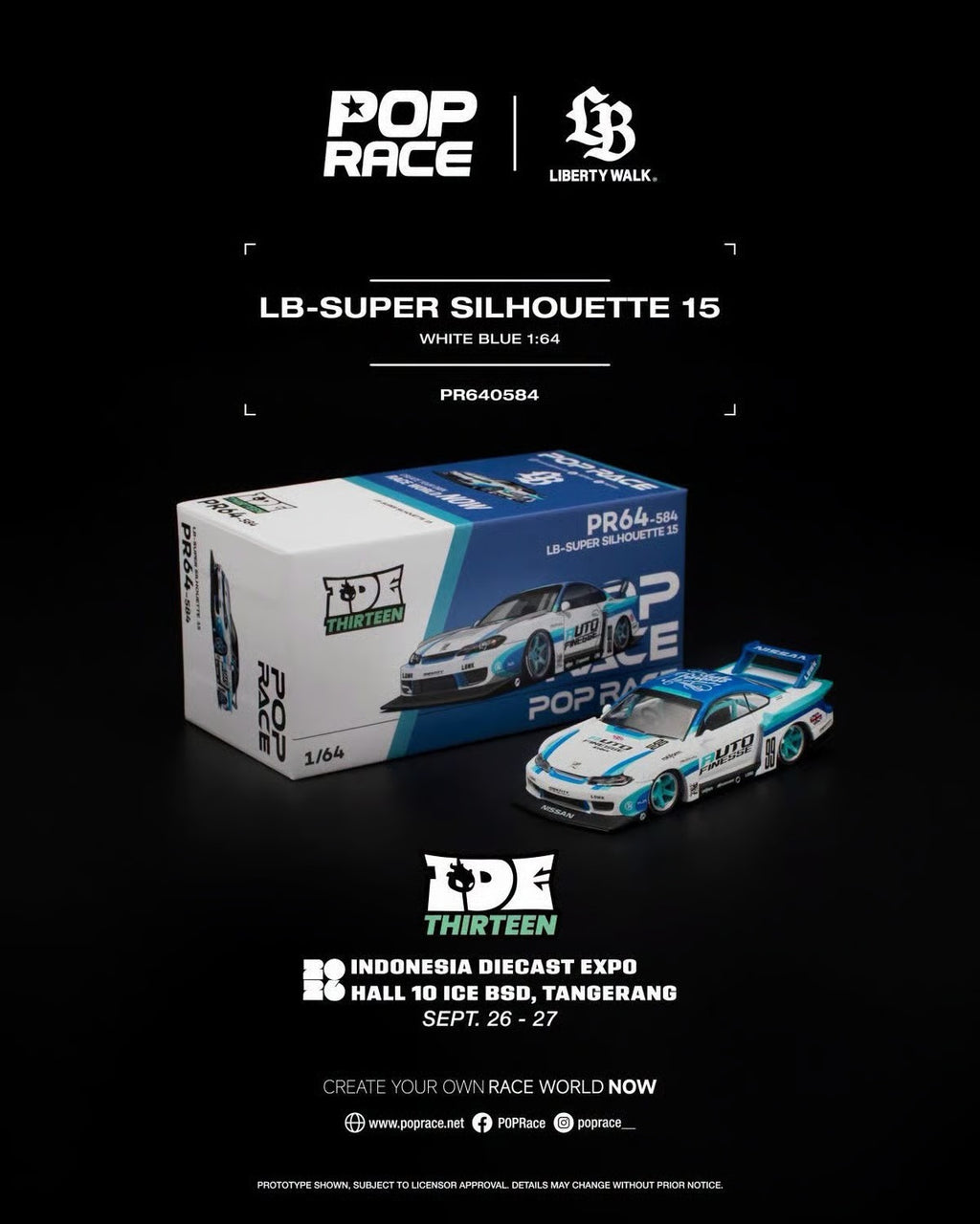 Pop Race 1/64 LB-Super Silhouette S15 White-Blue PR640584 Diecast Scale Model