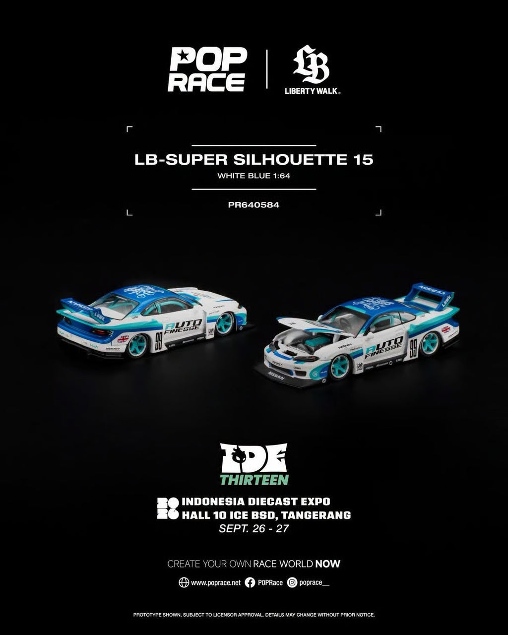 Pop Race 1/64 LB-Super Silhouette S15 White-Blue PR640584 Diecast Scale Model