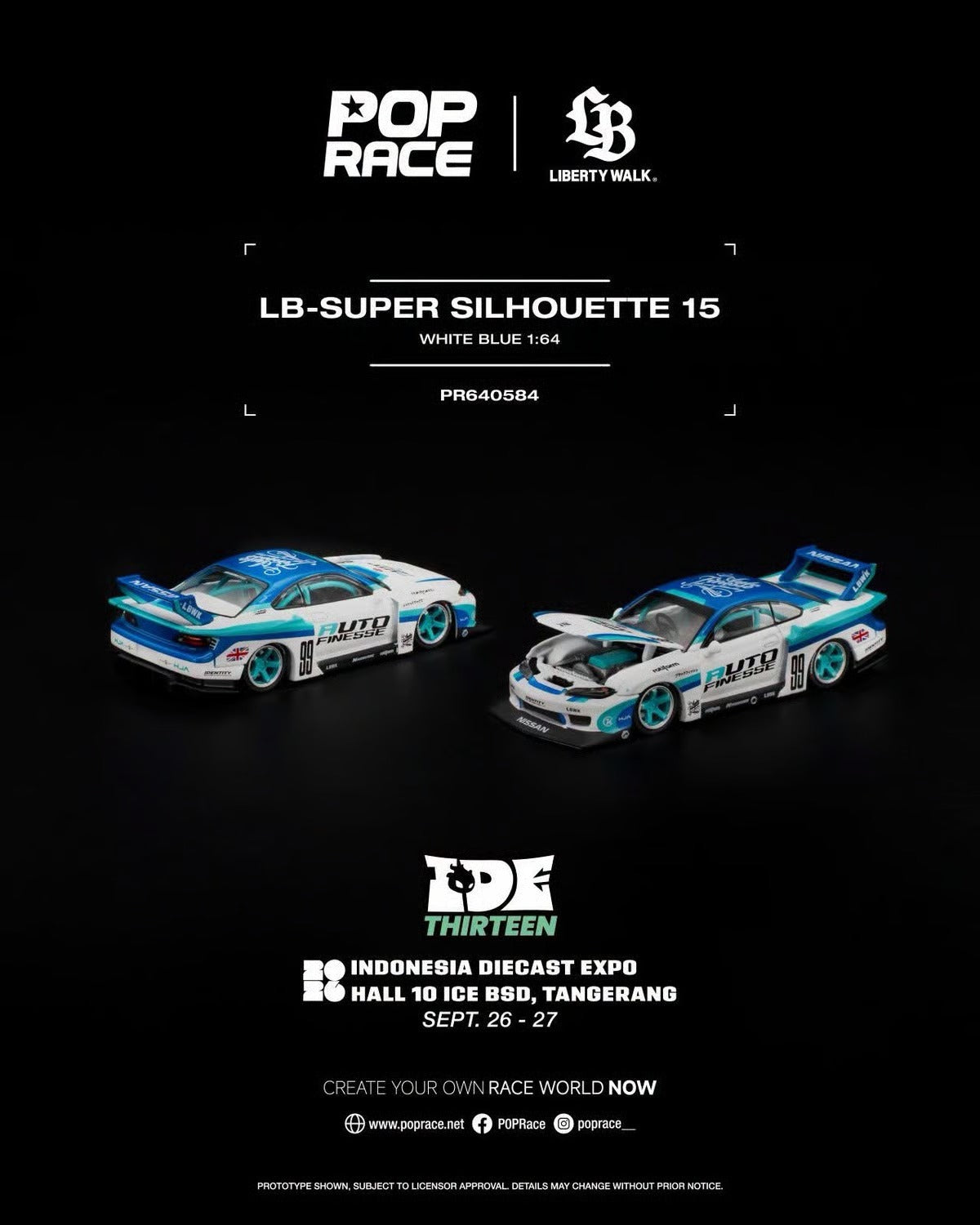 Pop Race 1/64 LB-Super Silhouette S15 White-Blue PR640584 Diecast Scale Model