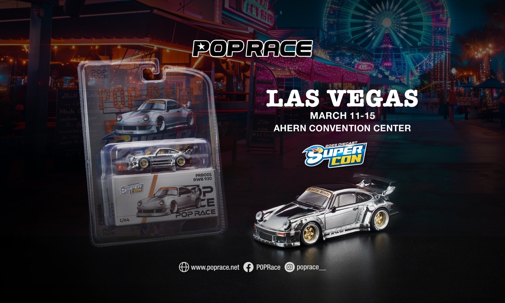Pop Race 1/64 RWB 930 Las Vegas Supercon Silver Chrome PRB001 Diecast Scale Model
