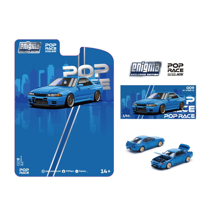 Pop Race 1/64 Nissan Skyline GT-R BNR R32 Bayside Blue (BLISTER TYPE) PRE009 Diecast Scale Model