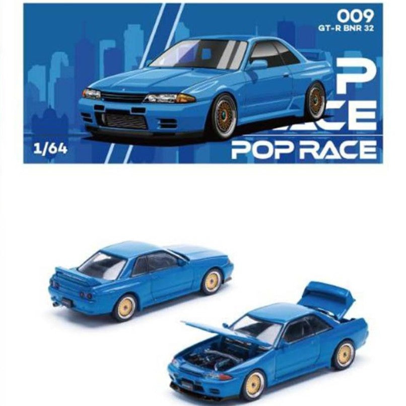 Pop Race 1/64 Nissan Skyline GT-R BNR R32 Bayside Blue (BLISTER TYPE) PRE009 Diecast Scale Model