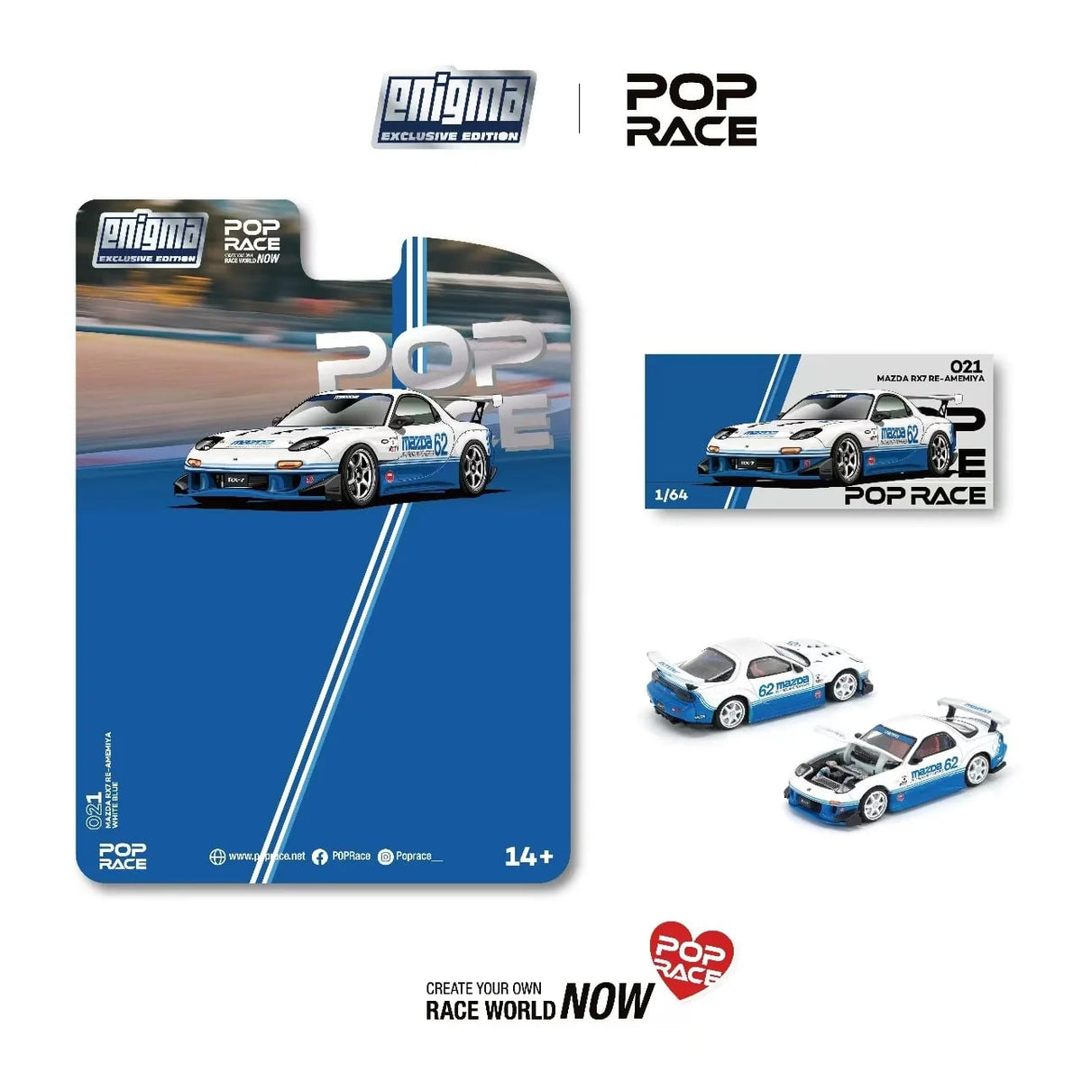 Pop Race 1/64 MAZDA RX7 FD3S Blue White Blister Packaging PRE021 Diecast Scale Model