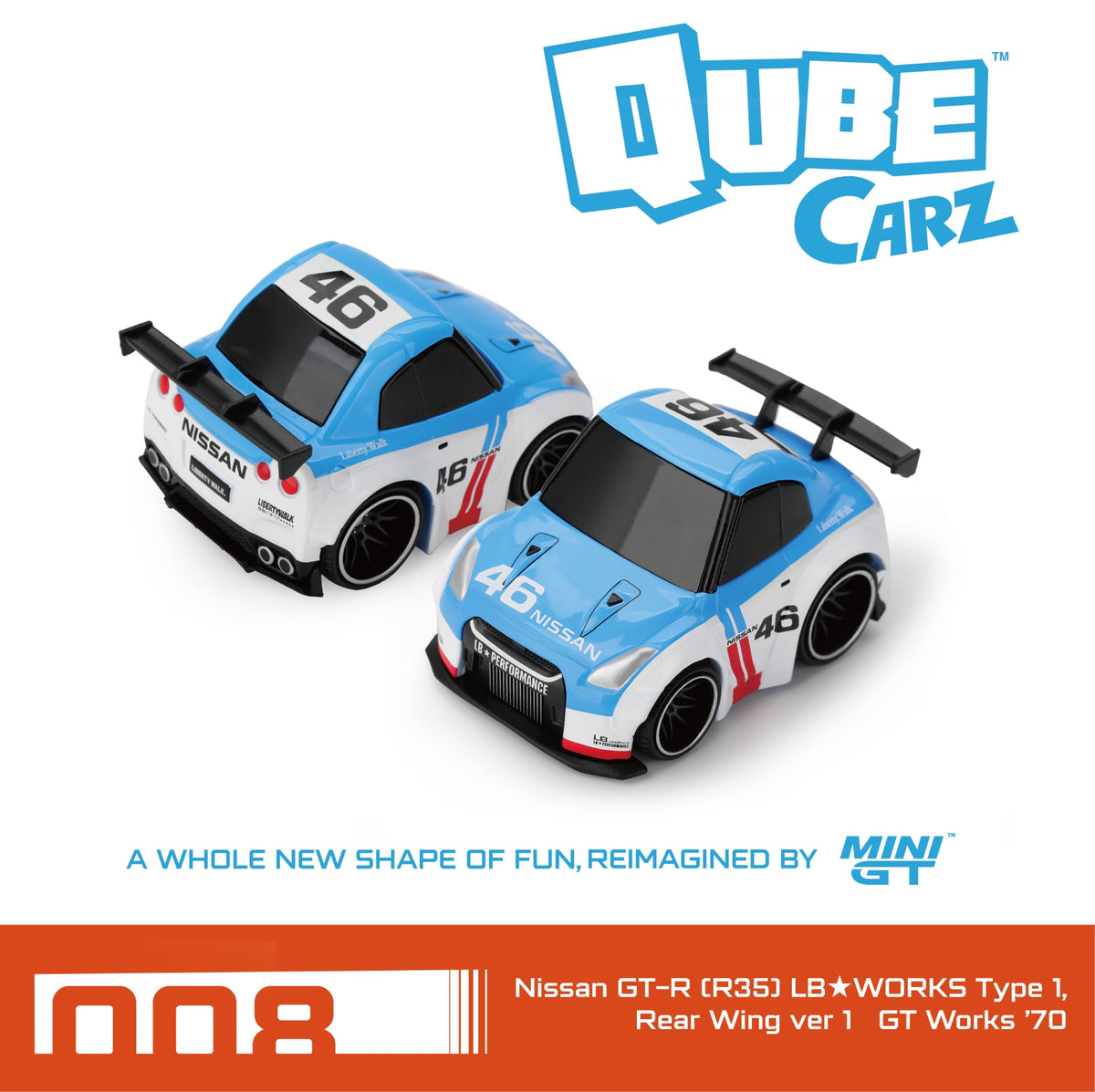 Mini GT Qube Carz Nissan GT-R (R35) LB★WORKS Type 1, Rear Wing ver 1 GT Works ’70 QZ00204-BL Diecast Scale Model