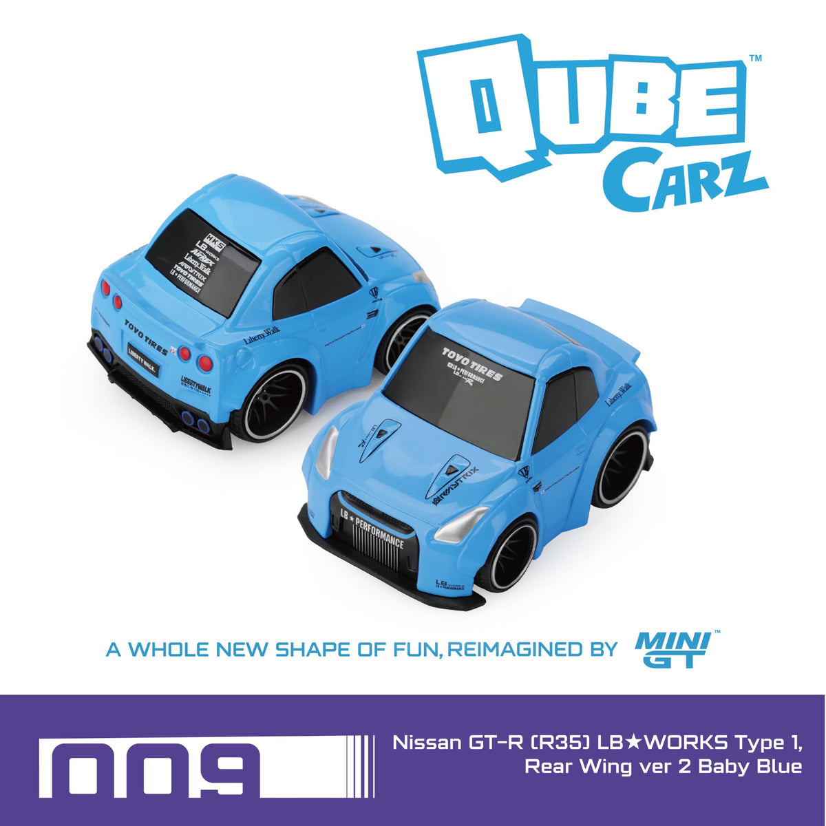 Mini GT Qube Carz Nissan GT-R (R35) LB★WORKS Type 1, Rear Wing ver 2 Baby Blue QZ00302-BL Diecast Scale Model