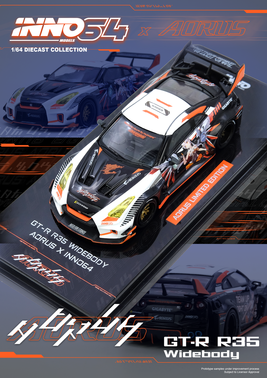 Inno64 1/64 GT-R R35 WIDEBODY AORUS X INNO64 Limited Edition IN64-R35LB-AORUS Diecast Scale Model