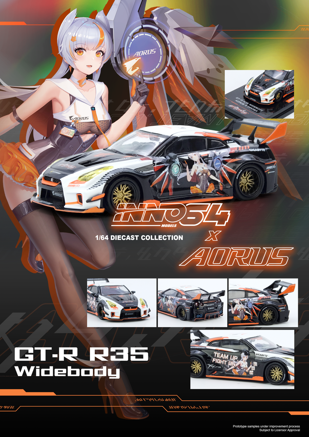 Inno64 1/64 GT-R R35 WIDEBODY AORUS X INNO64 Limited Edition IN64-R35LB-AORUS Diecast Scale Model