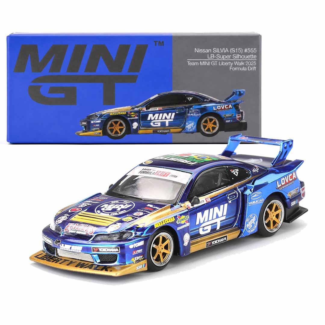 Mini GT 1/64 Nissan Silvia (S15) LB-Super Silhouette #555 Team MINI GT Liberty Walk 2025 Formula Drift MGT01157-R Diecast Scale Model
