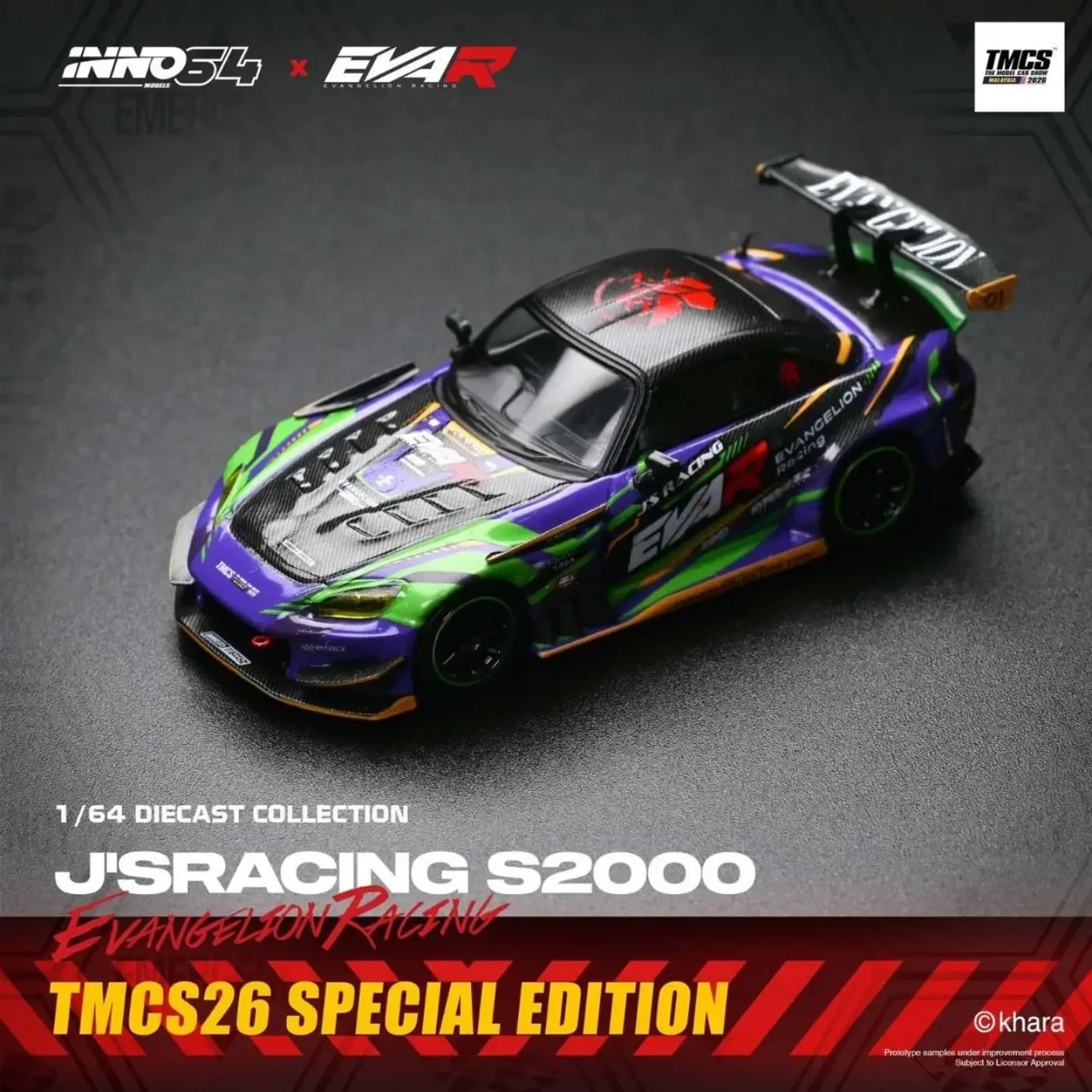 Inno64 1/64 Honda S2000 J'S Racing EVANGELION PRODUCTION CUSTOM TYPE-01 IN64-S2000JS-EVA01-TMCS26 Diecast Scale Model