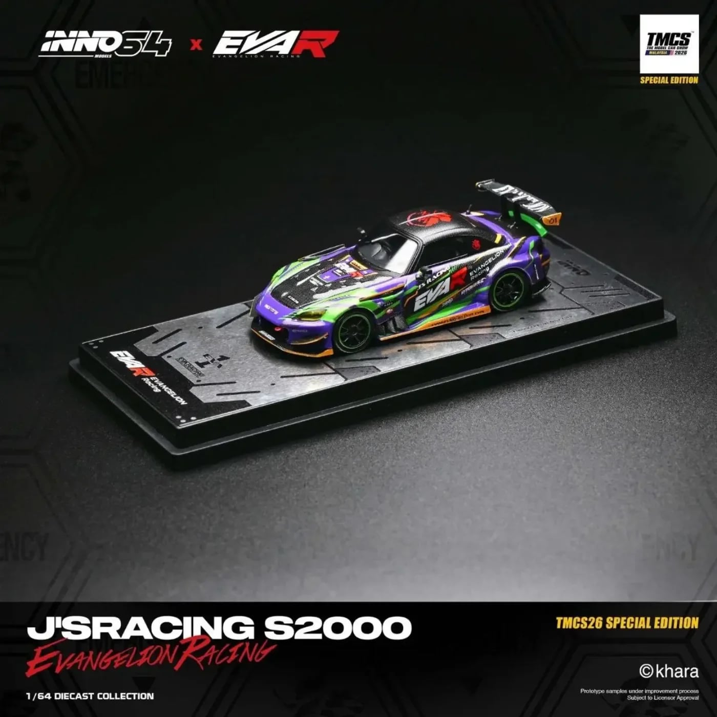 Inno64 1/64 Honda S2000 J'S Racing EVANGELION PRODUCTION CUSTOM TYPE-01 IN64-S2000JS-EVA01-TMCS26 Diecast Scale Model