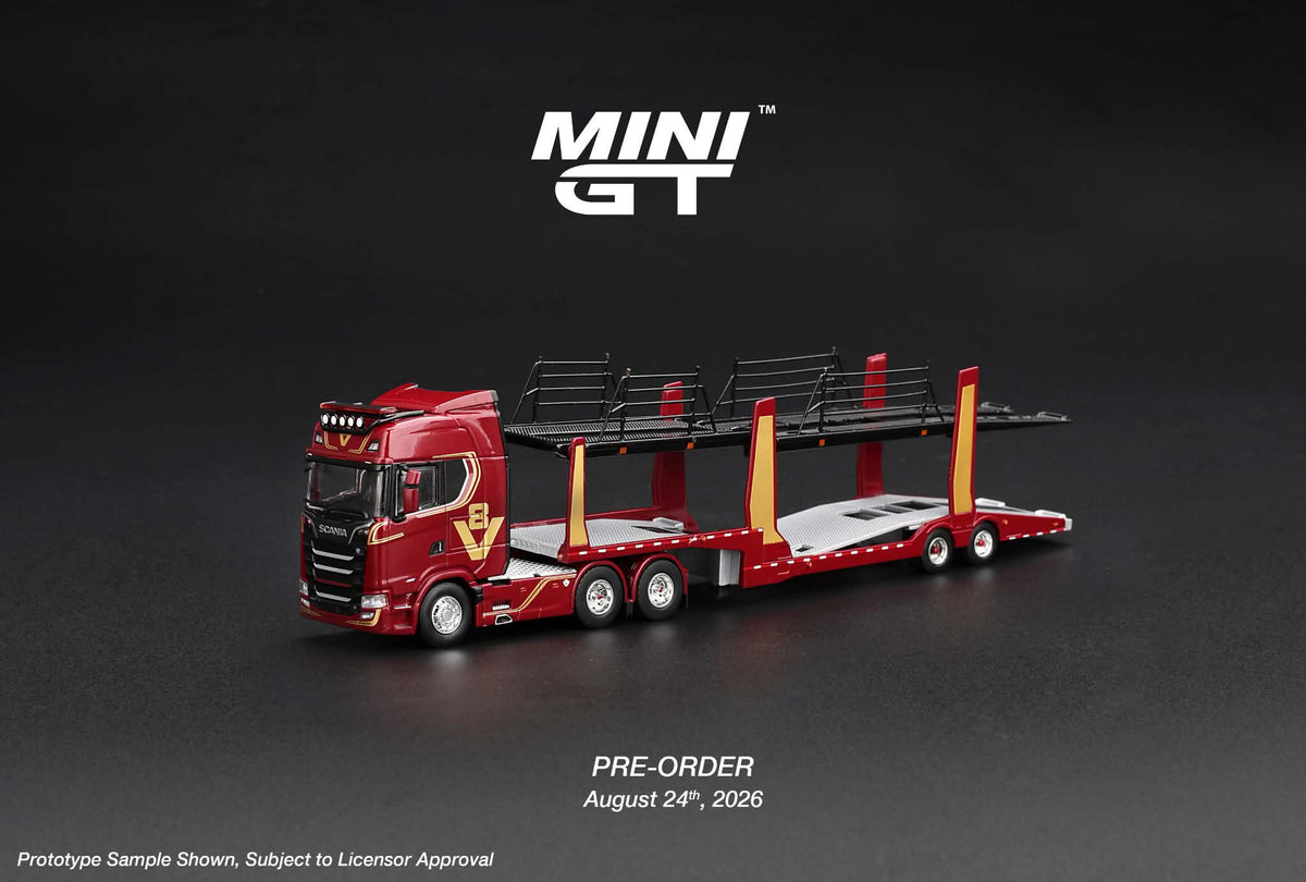 [PRE ORDER] Mini GT 1/64 Scania 770S A6x4NA Car Transporter V8 50th anniversary + Car transporter Red MGT01350-L Diecast Scale Model