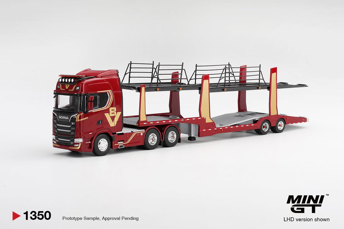 [PRE ORDER] Mini GT 1/64 Scania 770S A6x4NA Car Transporter V8 50th anniversary + Car transporter Red MGT01350-L Diecast Scale Model